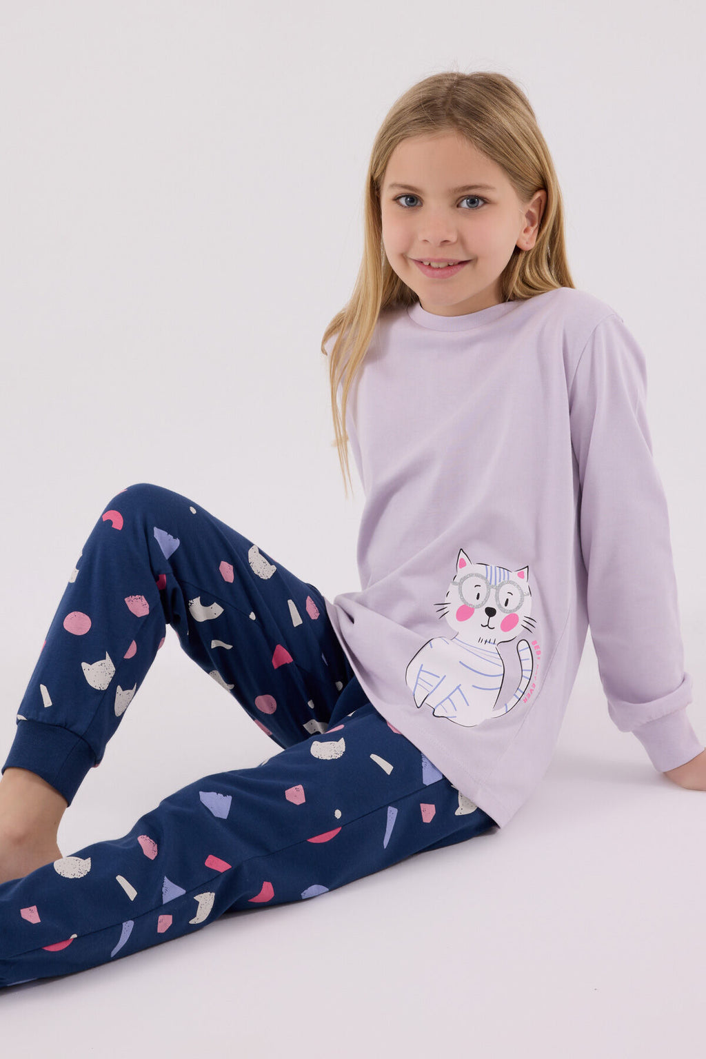 Rolypoly Kız Çocuk Bisiklet Yaka Pigment Baskılı Kışlık Regular Fit Mor Pijama Takımı RP3697-C-V1