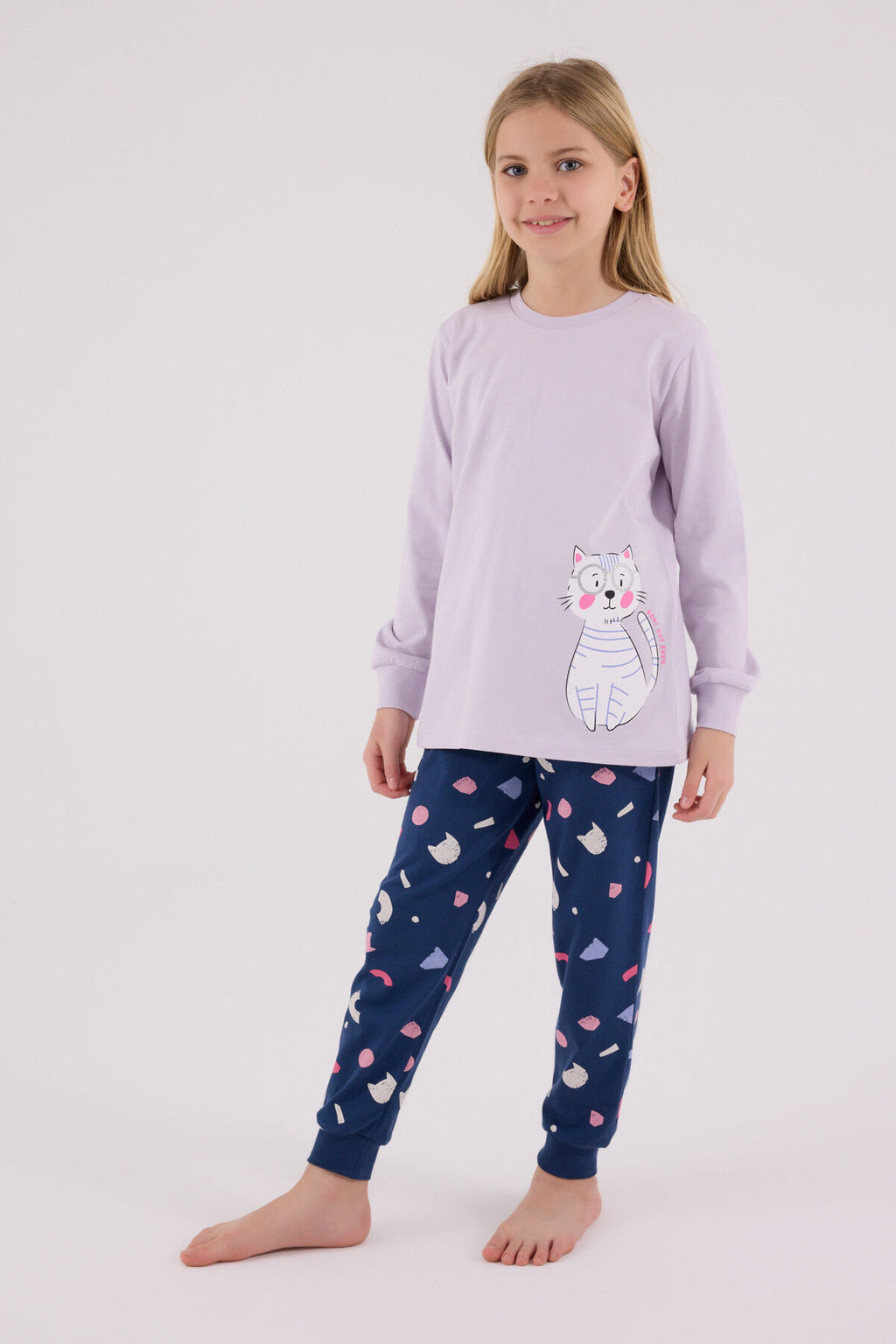 Rolypoly Kız Çocuk Bisiklet Yaka Pigment Baskılı Kışlık Regular Fit Mor Pijama Takımı RP3697-C-V1