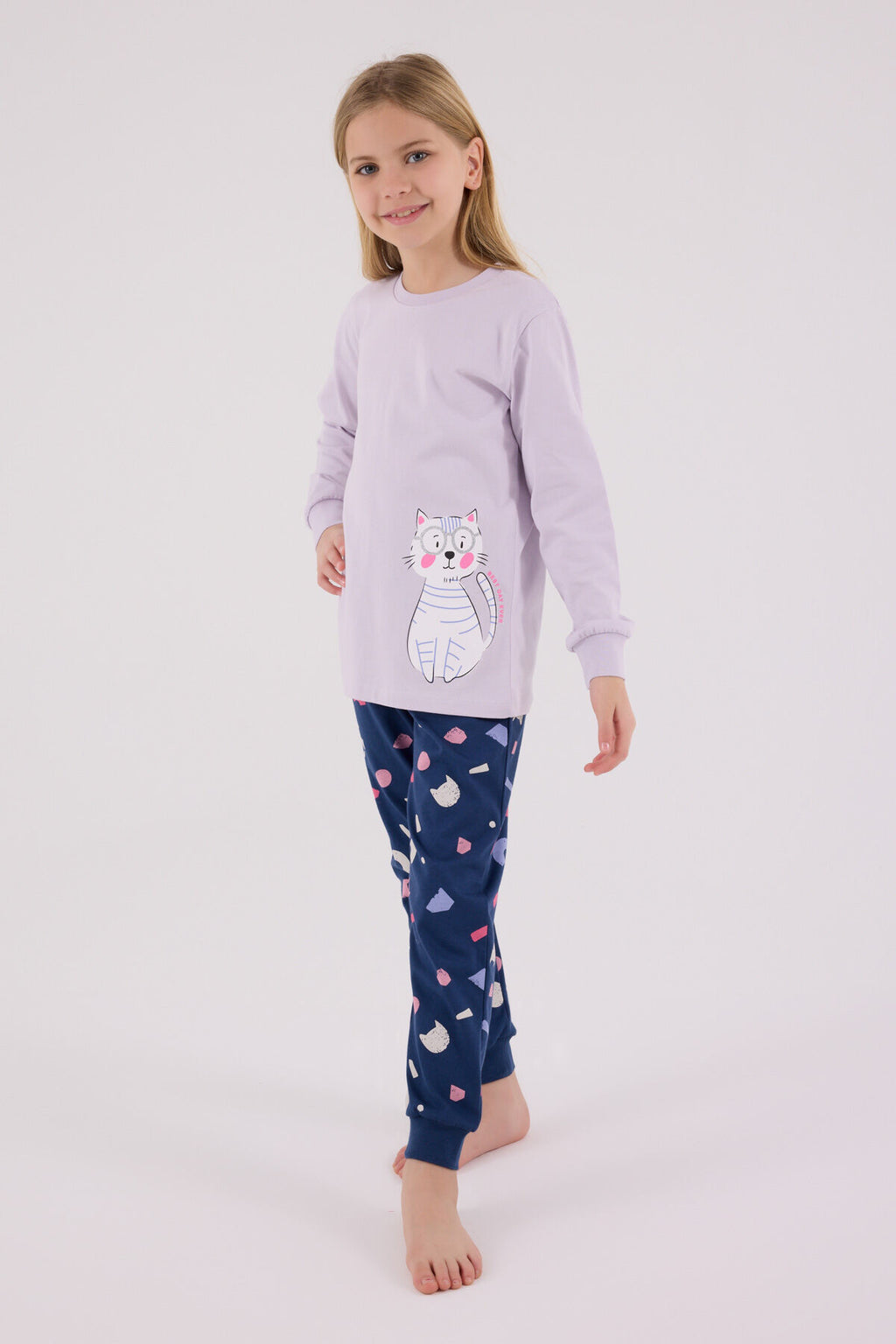 Rolypoly Kız Çocuk Bisiklet Yaka Pigment Baskılı Kışlık Regular Fit Mor Pijama Takımı RP3697-C-V1