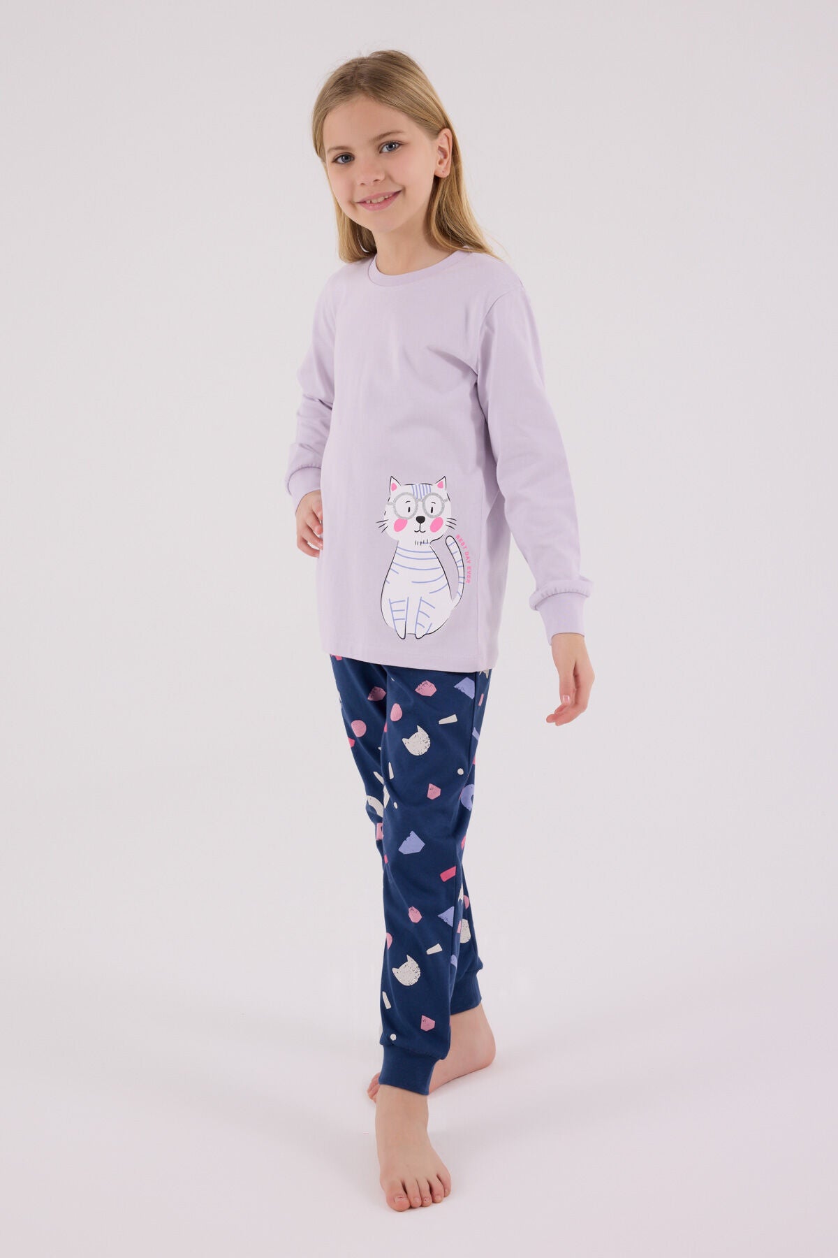 Rolypoly Kız Çocuk Bisiklet Yaka Pigment Baskılı Kışlık Regular Fit Mor Pijama Takımı RP3697-C-V1