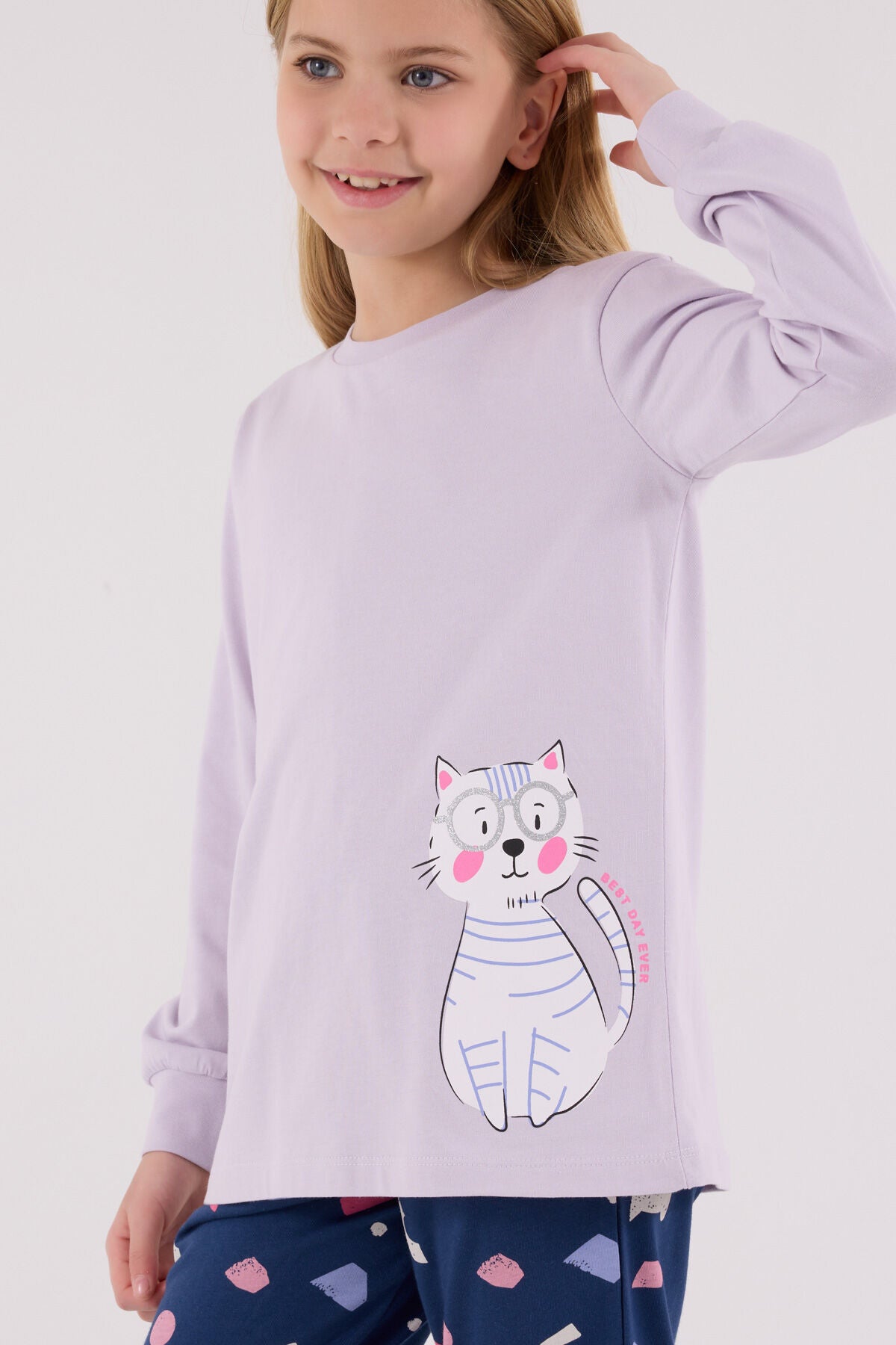 Rolypoly Kız Çocuk Bisiklet Yaka Pigment Baskılı Kışlık Regular Fit Mor Pijama Takımı RP3697-C-V1