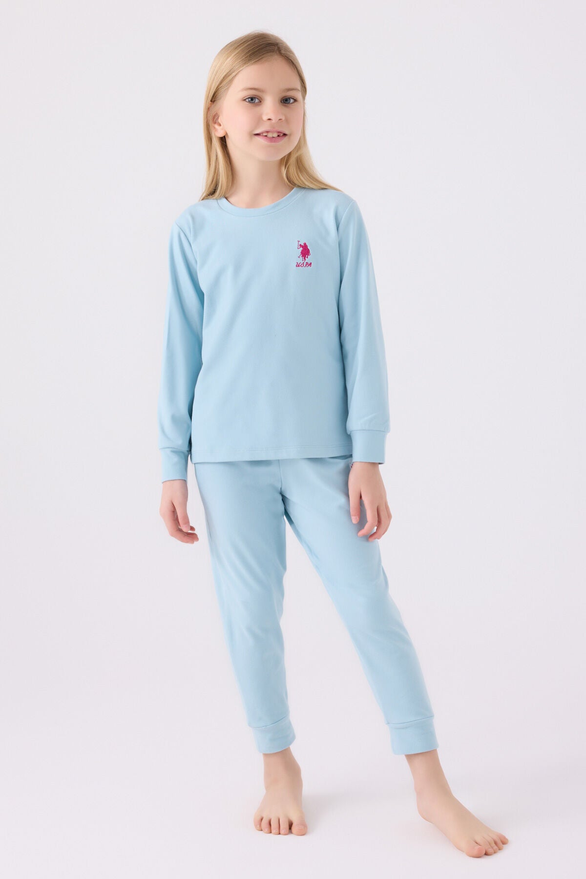 U.S. Polo Assn. Kız Çocuk Bisiklet Yaka Pigment Baskılı Kışlık Regular Fit Mavi Pijama Takımı US1669-C-V6 Ürün ana görseli