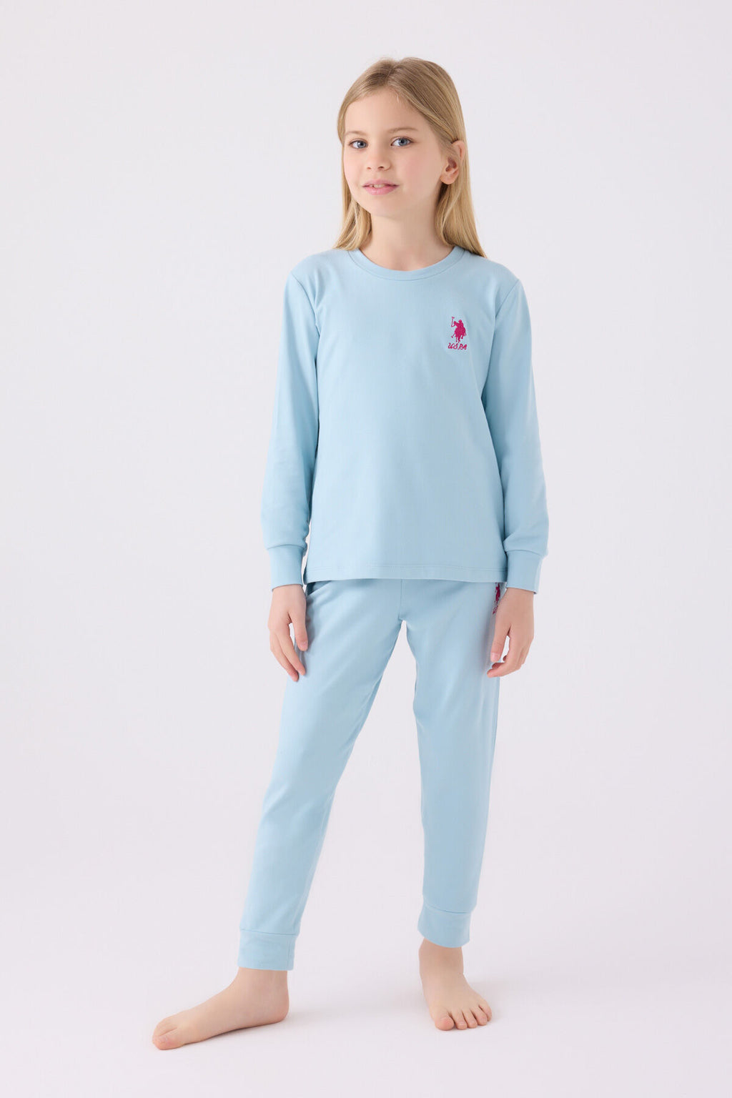 U.S. Polo Assn. Kız Çocuk Bisiklet Yaka Pigment Baskılı Kışlık Regular Fit Mavi Pijama Takımı US1669-C-V6