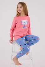 Rolypoly Kız Çocuk Bisiklet Yaka Pigment Baskılı Kışlık Regular Fit Pembe Pijama Takımı RP3696-C-V2