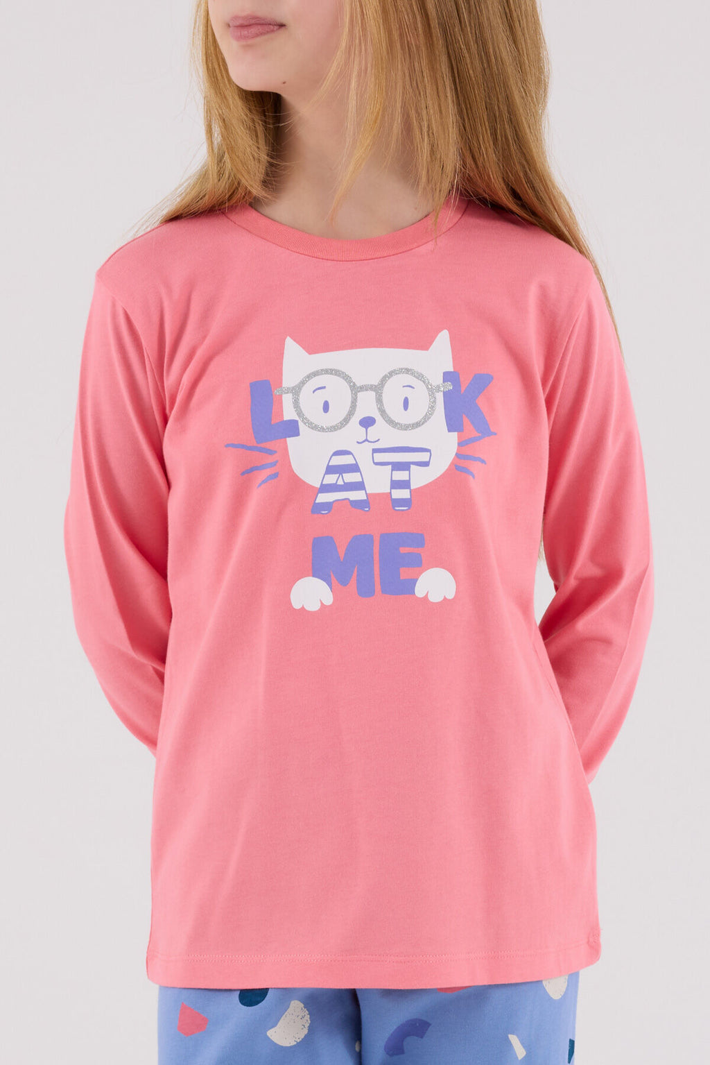Rolypoly Kız Çocuk Bisiklet Yaka Pigment Baskılı Kışlık Regular Fit Pembe Pijama Takımı RP3696-C-V2