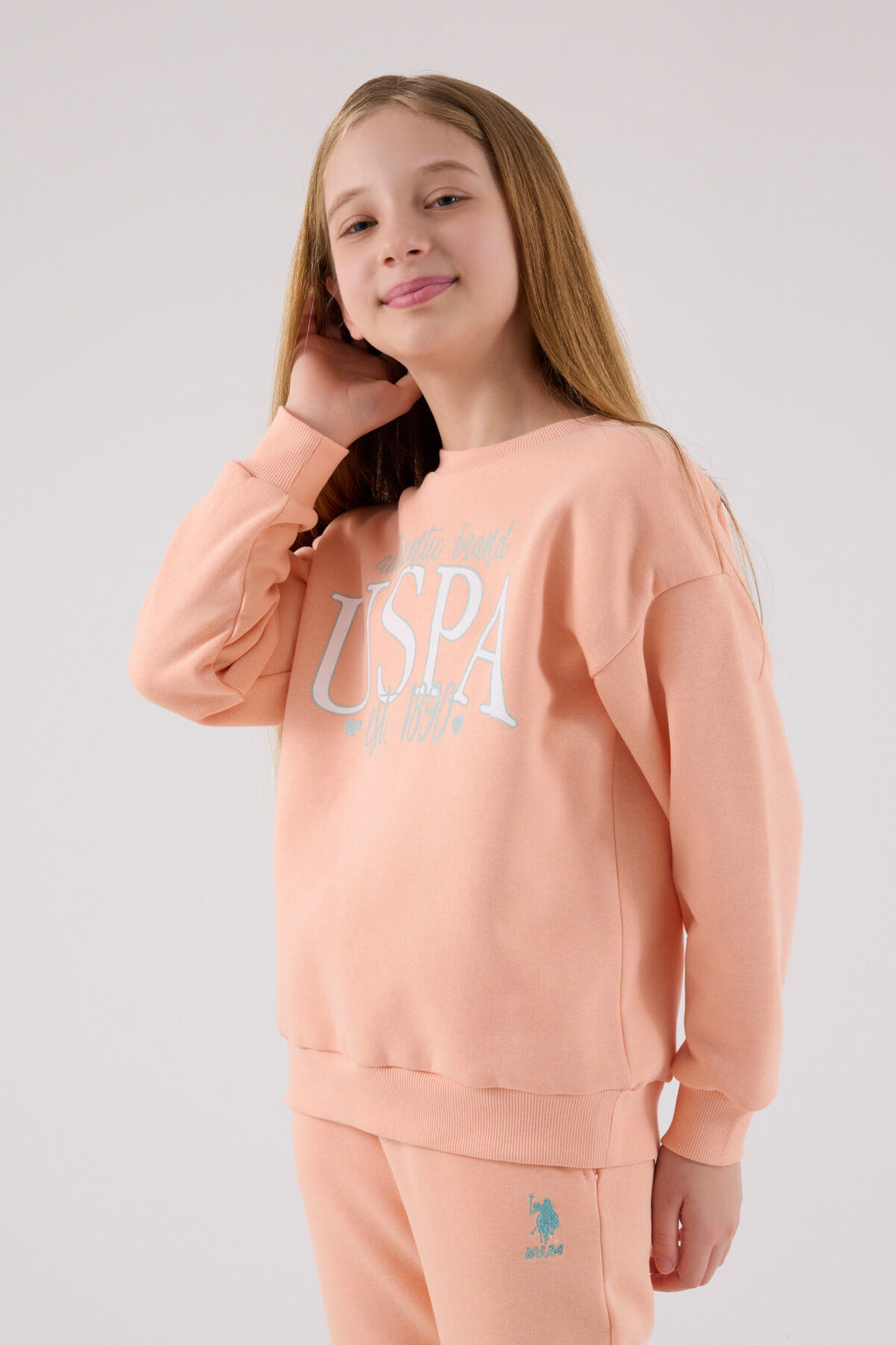 U.S. Polo Assn. Kız Çocuk Bisiklet Yaka Pigment Baskılı Kışlık Regular Fit Turuncu Eşofman Takımı US2316-C-V2