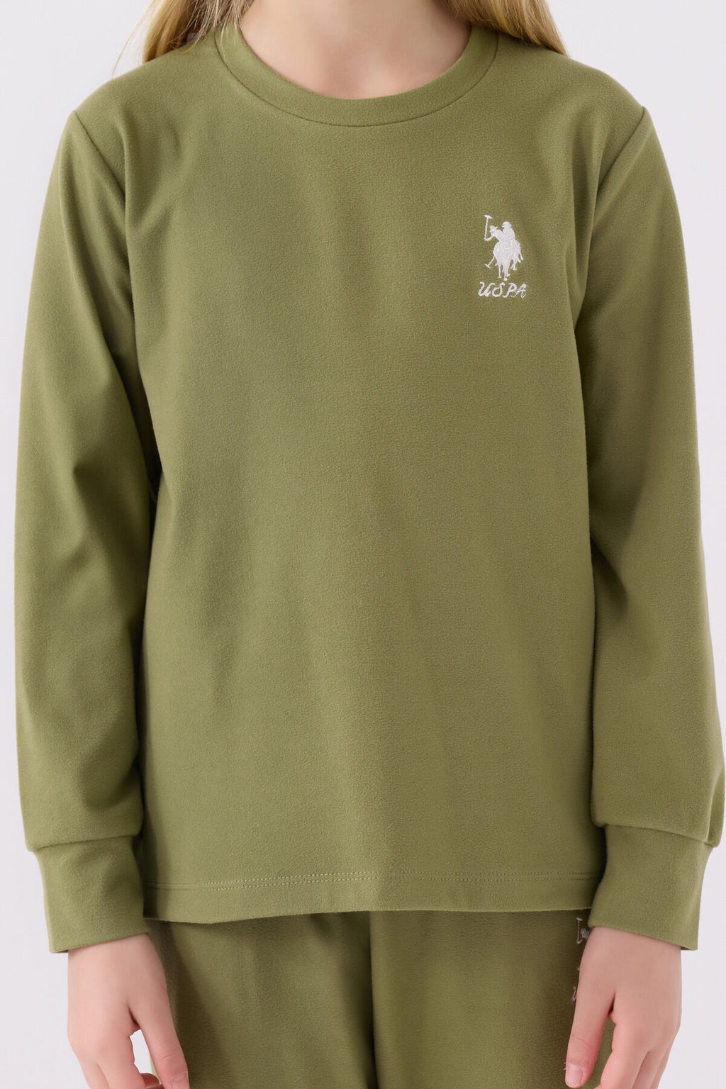 U.S. Polo Assn. Kız Çocuk Bisiklet Yaka Pigment Baskılı Kışlık Regular Fit Haki Pijama Takımı US1669-C-V3