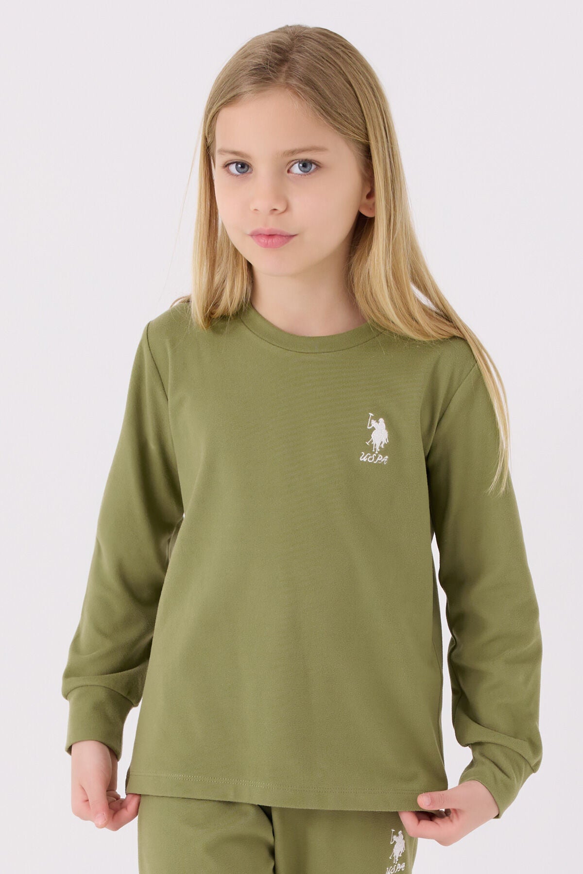 U.S. Polo Assn. Kız Çocuk Bisiklet Yaka Pigment Baskılı Kışlık Regular Fit Haki Pijama Takımı US1669-C-V3 Ürün ikincil görseli