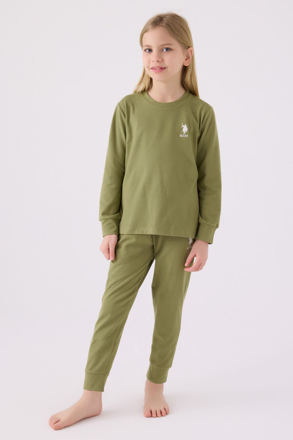 U.S. Polo Assn. Kız Çocuk Bisiklet Yaka Pigment Baskılı Kışlık Regular Fit Haki Pijama Takımı US1669-C-V3