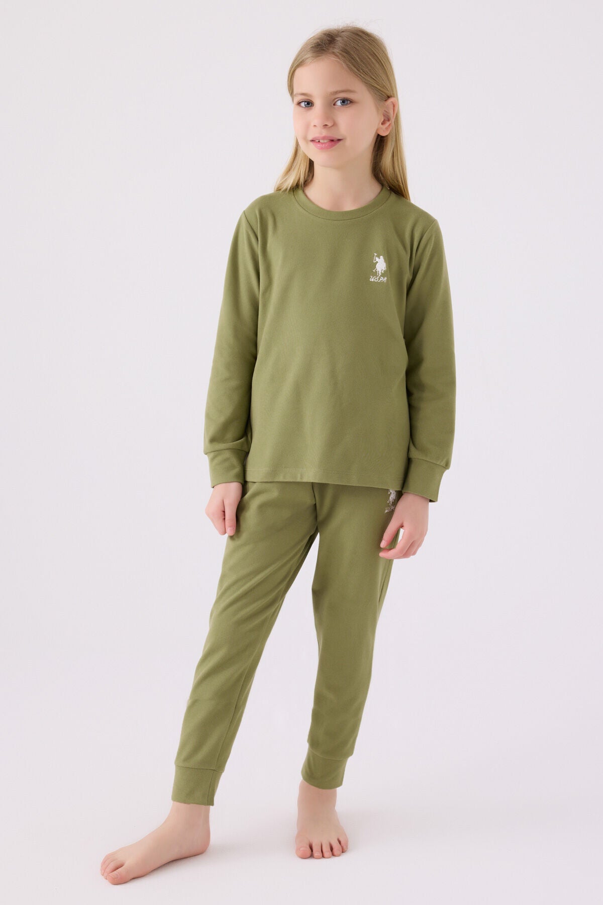 U.S. Polo Assn. Kız Çocuk Bisiklet Yaka Pigment Baskılı Kışlık Regular Fit Haki Pijama Takımı US1669-C-V3