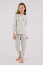Rolypoly Kız Çocuk Bisiklet Yaka Pigment Baskılı Kışlık Regular Fit Yeşil Pijama Takımı RP3703-C-V1