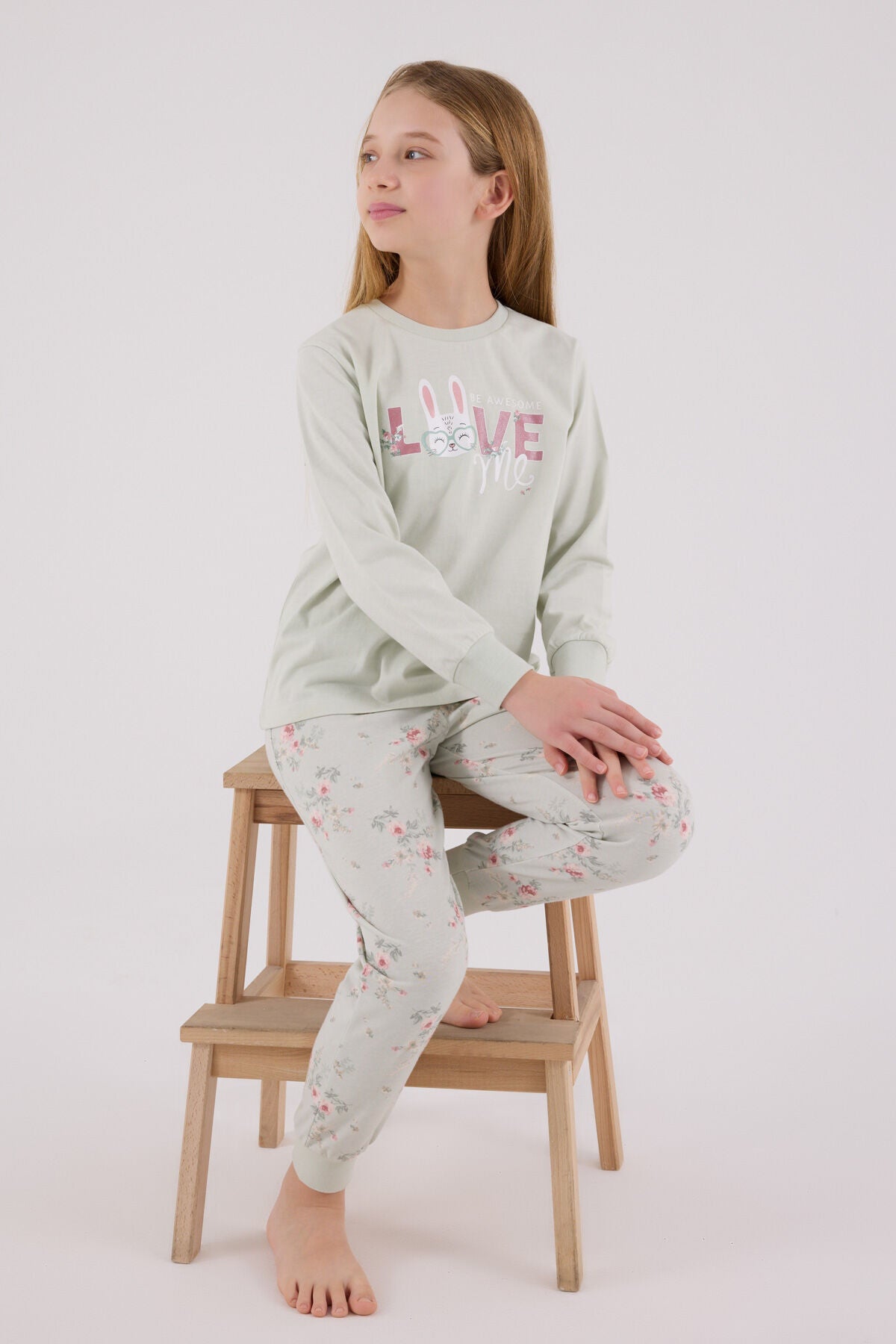 Rolypoly Kız Çocuk Bisiklet Yaka Pigment Baskılı Kışlık Regular Fit Yeşil Pijama Takımı RP3703-C-V1
