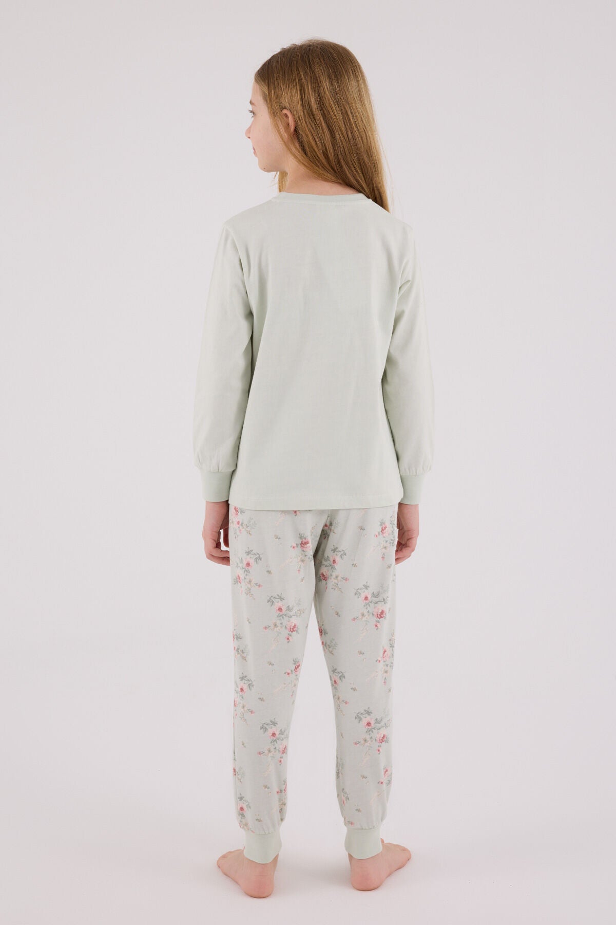 Rolypoly Kız Çocuk Bisiklet Yaka Pigment Baskılı Kışlık Regular Fit Yeşil Pijama Takımı RP3703-C-V1
