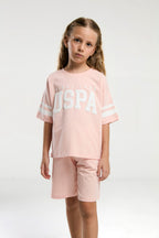 U.S. Polo Assn. Kız Çocuk Bisiklet Yaka Pigment Baskılı Yazlık Regular Fit Pembe Bermuda Takım US2091-C-V4