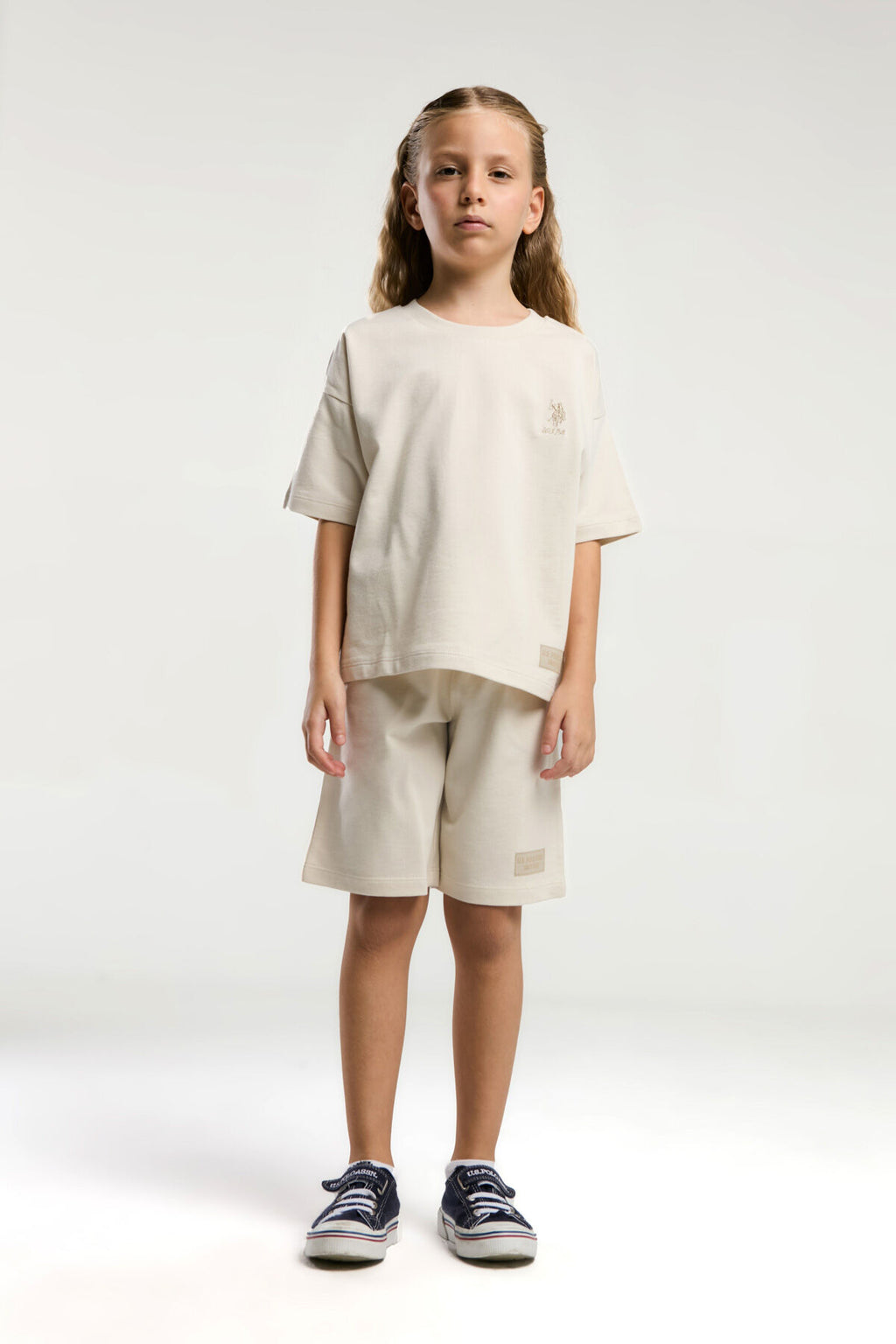 U.S. Polo Assn. Kız Çocuk Bisiklet Yaka Sargı Nakışlı Yazlık Regular Fit Krem Bermuda Takım US2090-C-V4