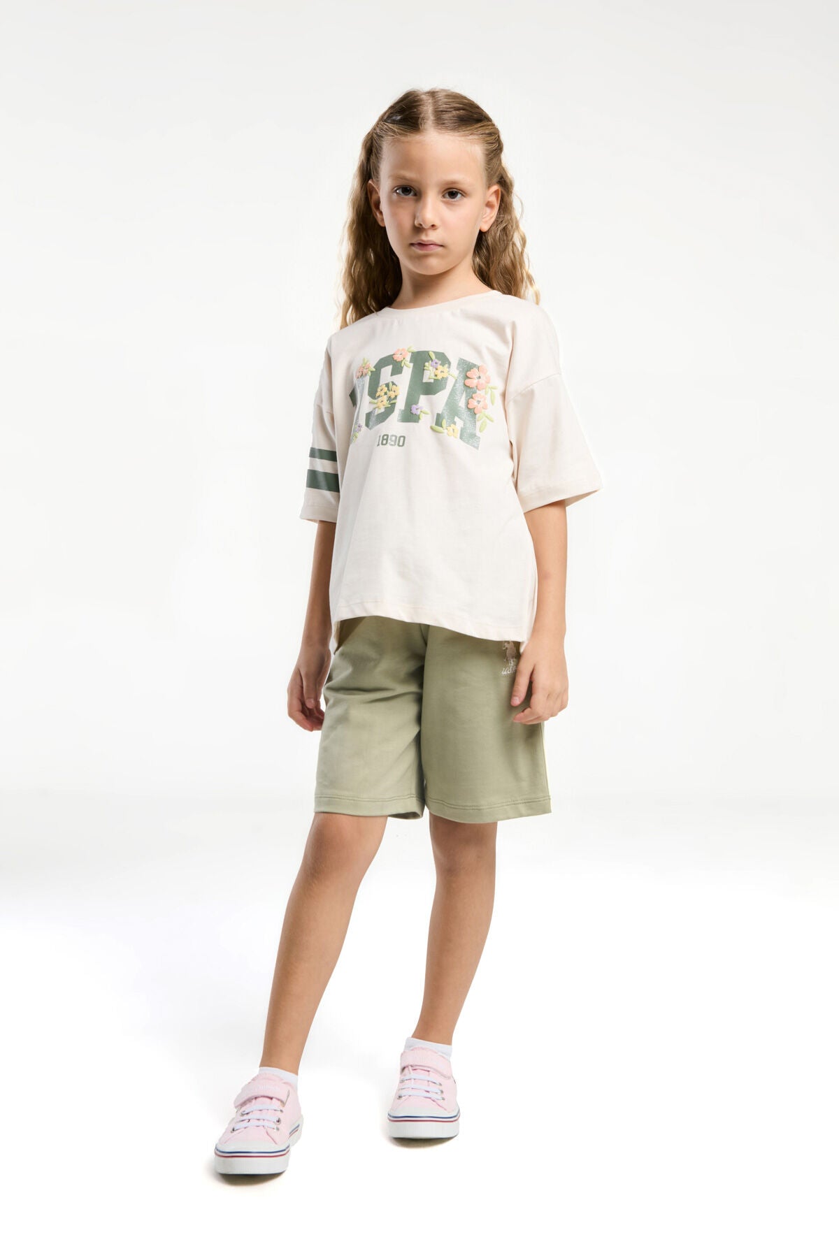U.S. Polo Assn. Kız Çocuk Krem Bermuda Takım