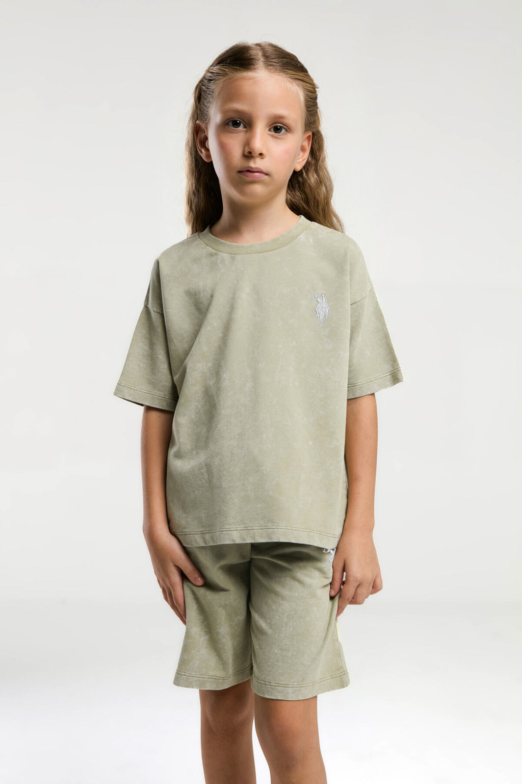 U.S. Polo Assn. Kız Çocuk Bisiklet Yaka Sargı Nakışlı Yazlık Regular Fit Yeşil Bermuda Takım US2089-C-V4