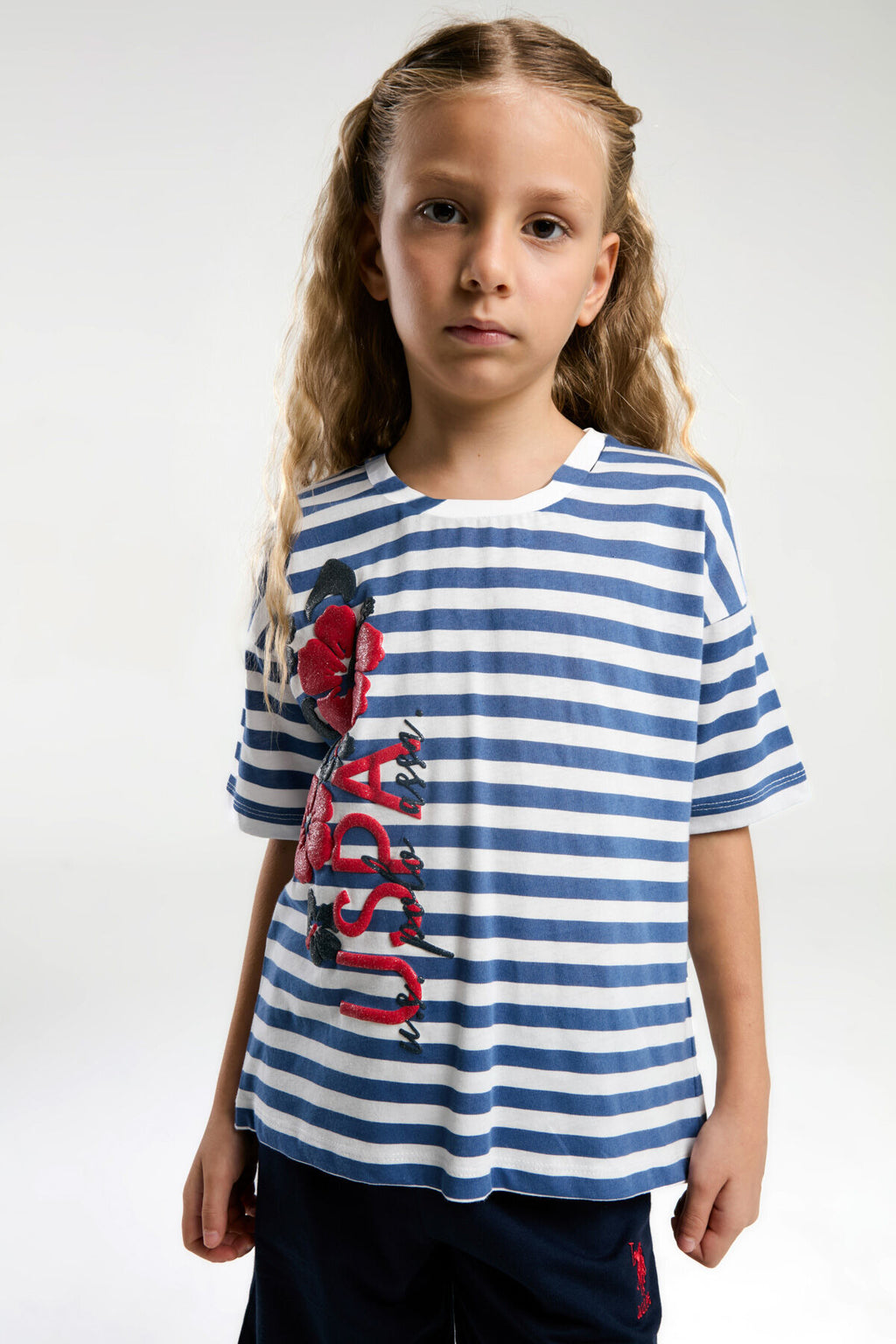 U.S. Polo Assn. Kız Çocuk Bisiklet Yaka Pigment Baskılı Yazlık Regular Fit Mavi Bermuda Takım US2074-C-V1