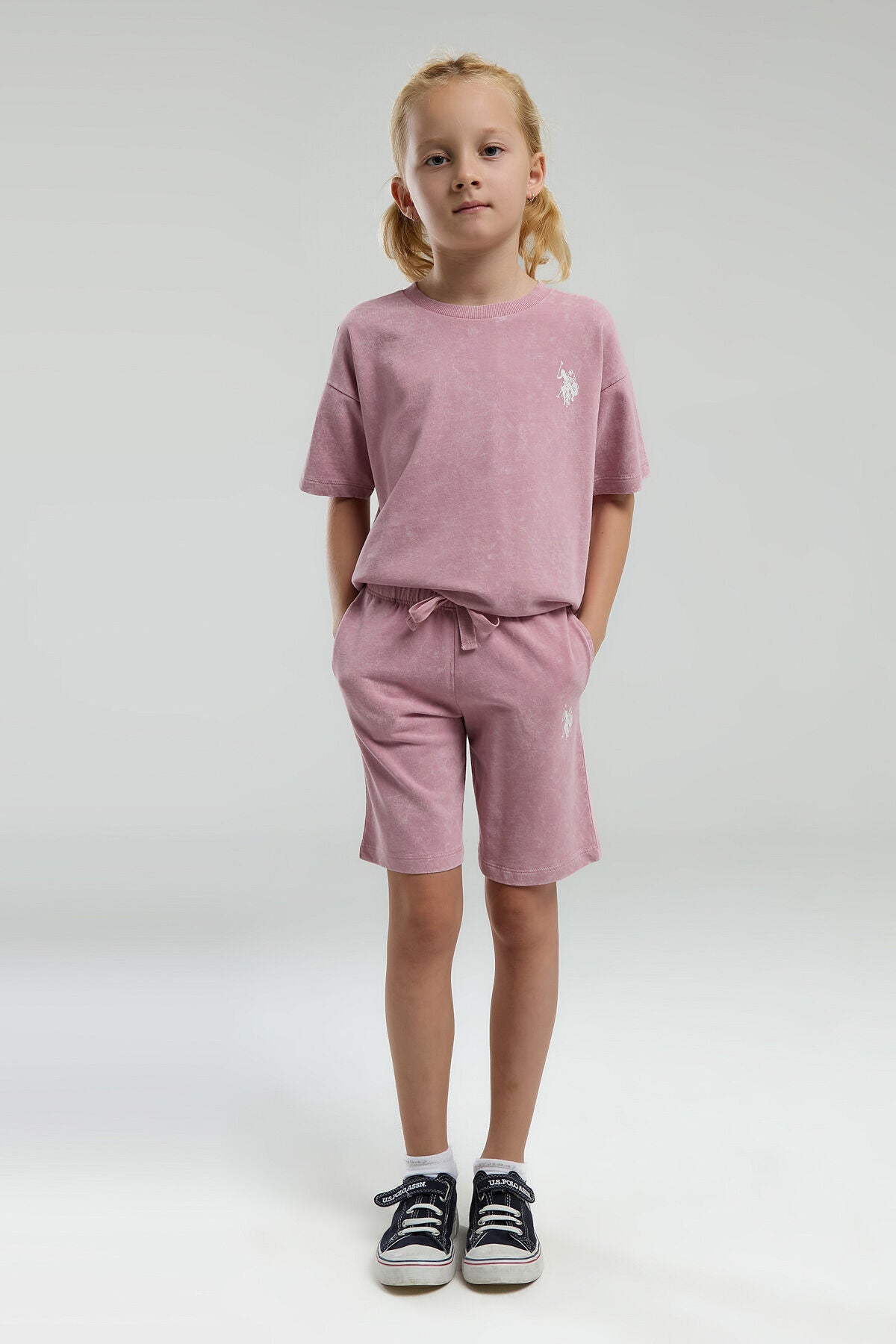 U.S. Polo Assn. Kız Çocuk Bisiklet Yaka Sargı Nakışlı Yazlık Regular Fit Pembe Bermuda Takım US2089-C-V3 Ürün ana görseli