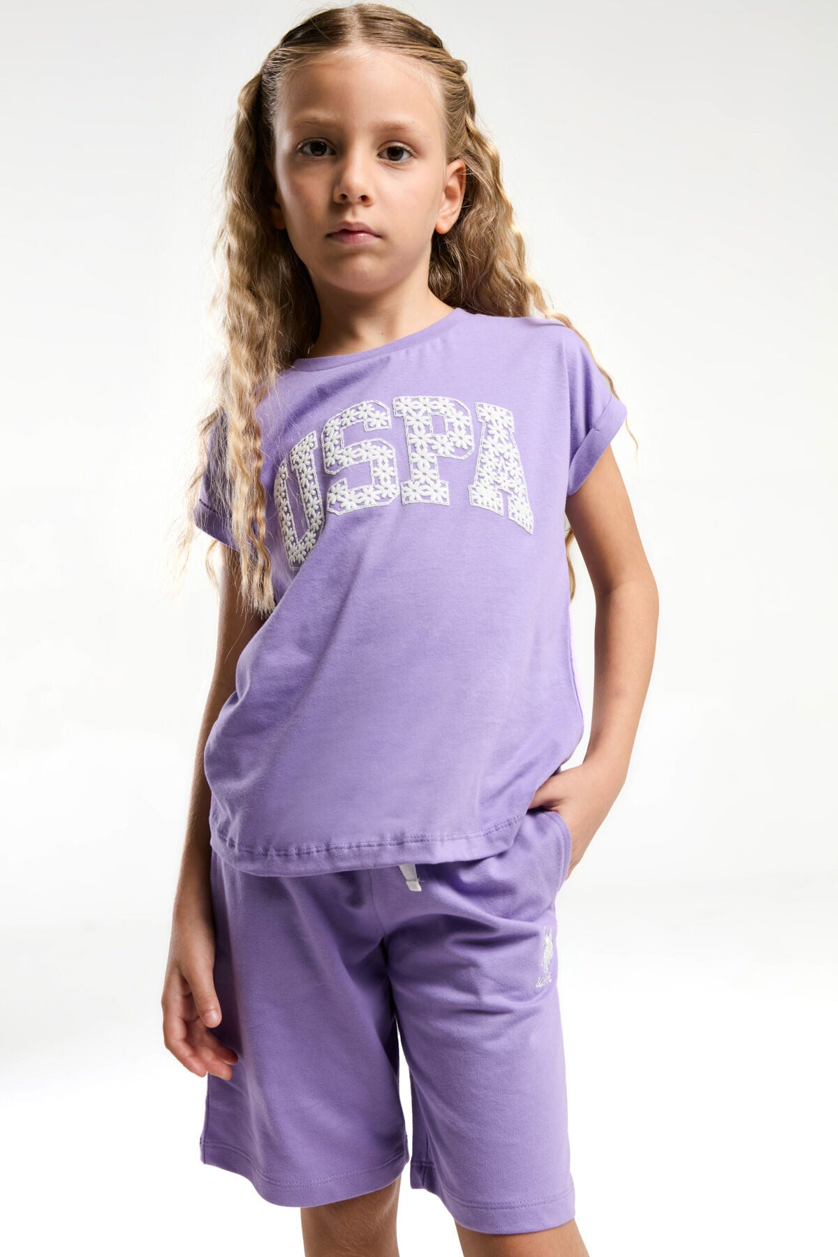 U.S. Polo Assn. Kız Çocuk Bisiklet Yaka Pigment Baskılı Yazlık Regular Fit Mor Bermuda Takım US2086-C-V1 Ürün ana görseli