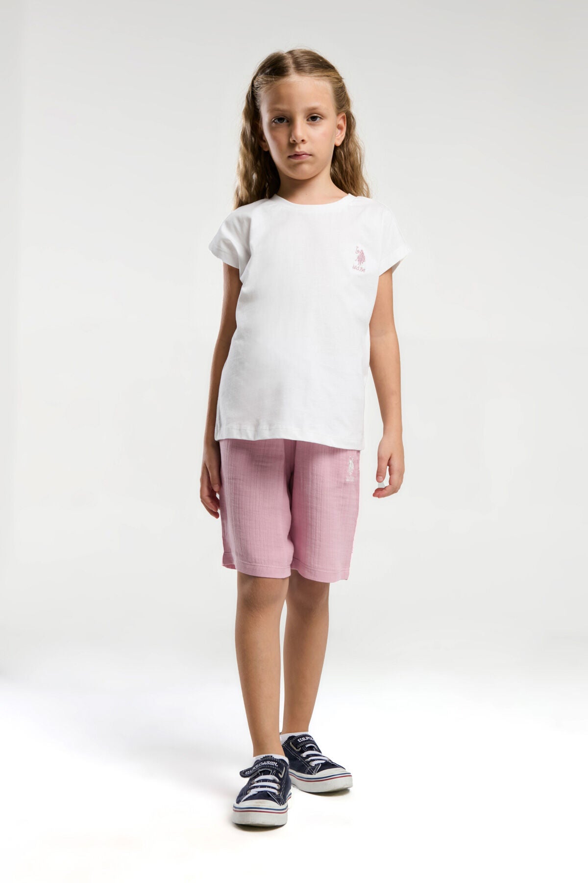 U.S. Polo Assn. Kız Çocuk Bisiklet Yaka Sargı Nakışlı Yazlık Regular Fit Krem Bermuda Takım US2092-C-V2