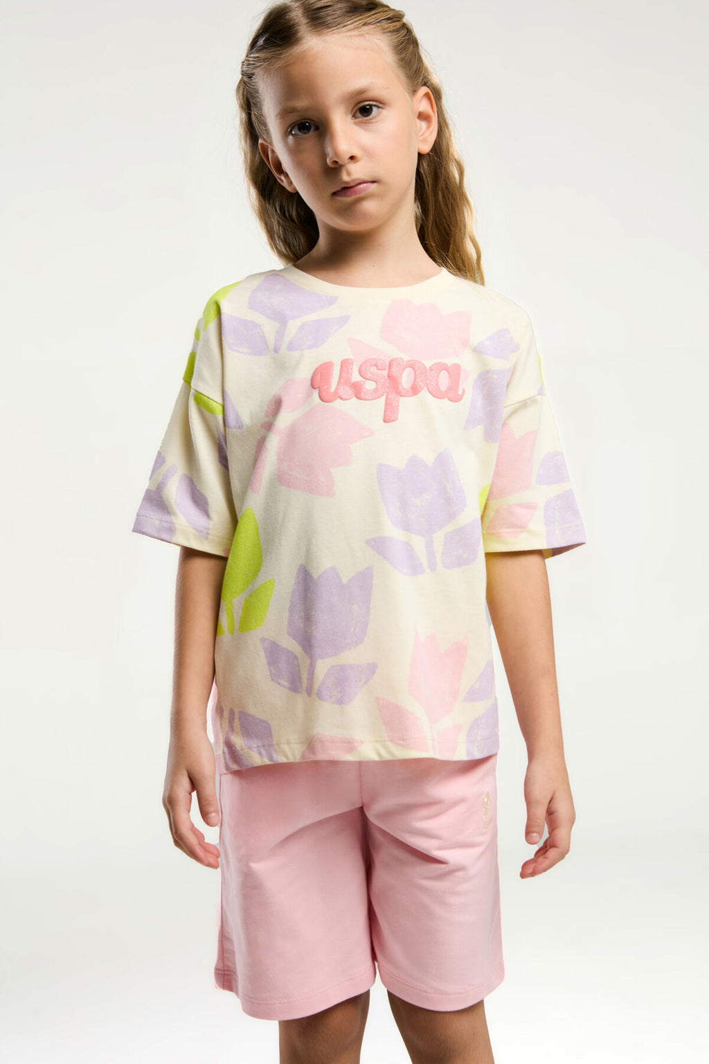 U.S. Polo Assn. Kız Çocuk Bisiklet Yaka Pigment Baskılı Yazlık Regular Fit Sarı Bermuda Takım US2095-C-V2