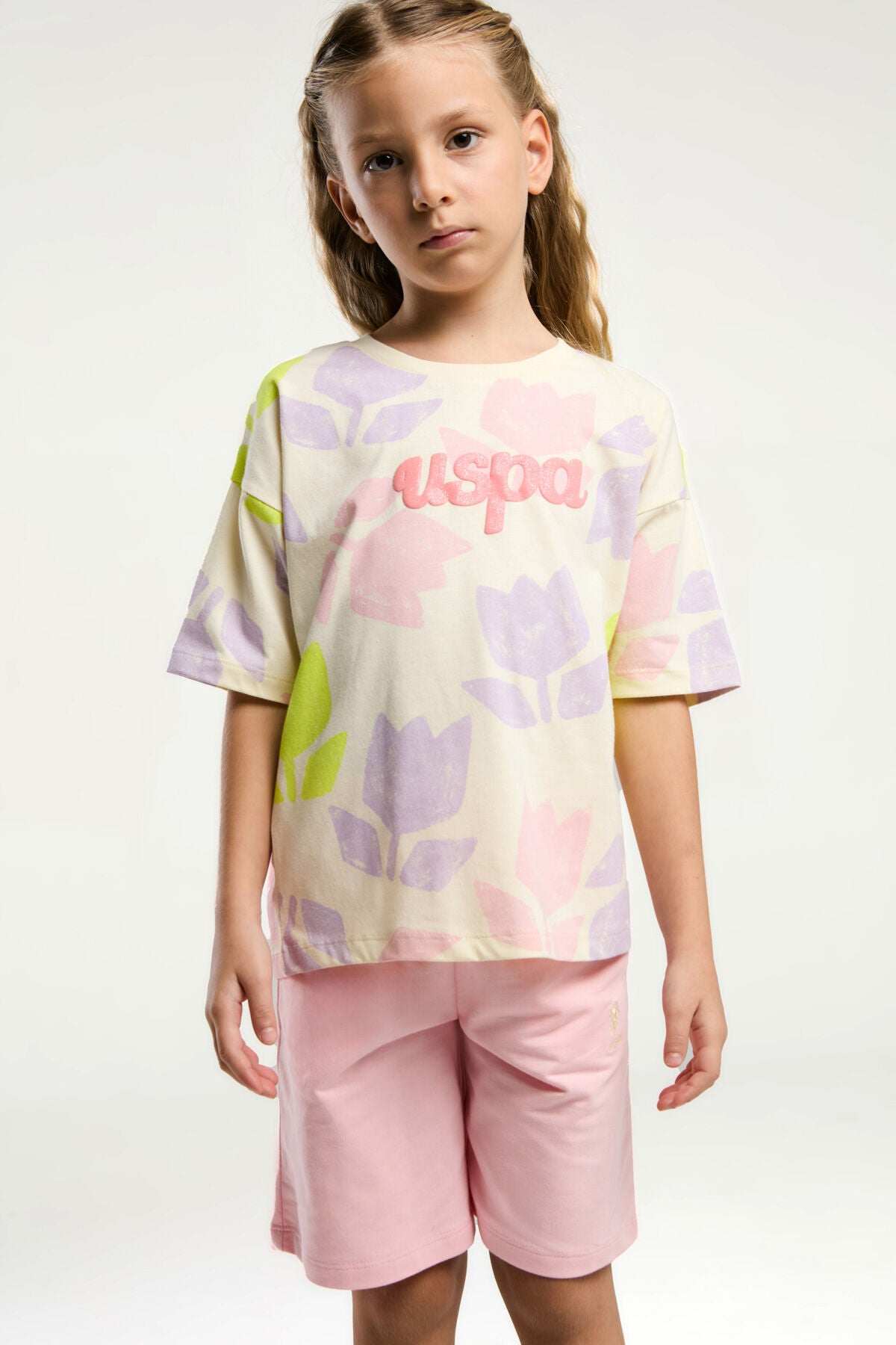 U.S. Polo Assn. Kız Çocuk Bisiklet Yaka Pigment Baskılı Yazlık Regular Fit Sarı Bermuda Takım US2095-C-V2