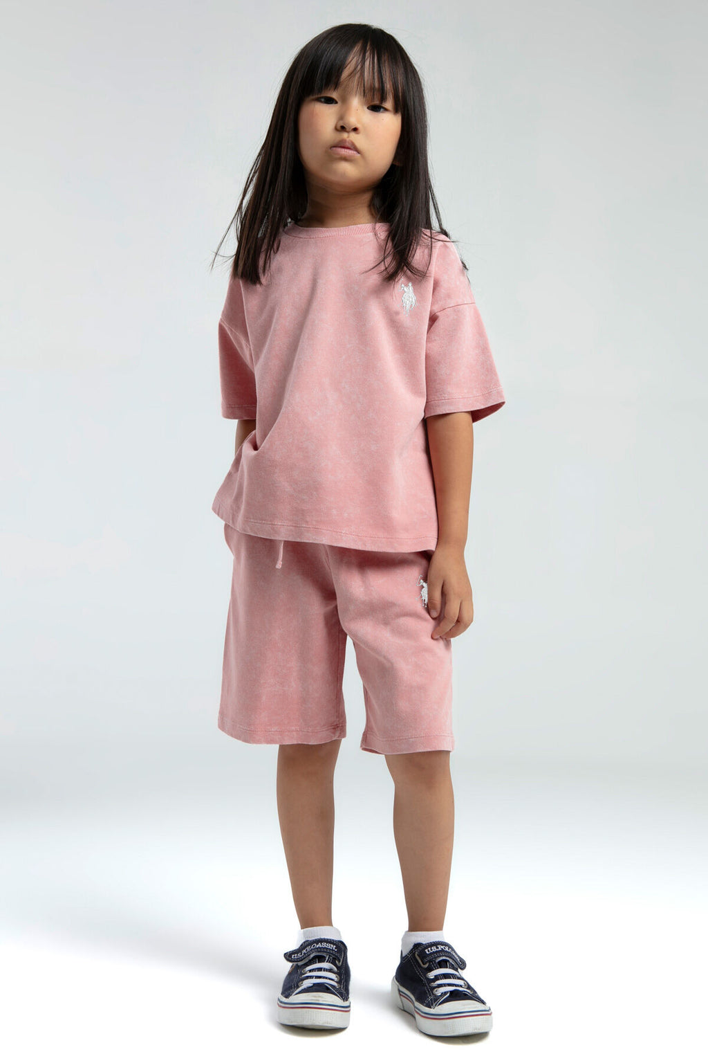 U.S. Polo Assn. Kız Çocuk Bisiklet Yaka Sargı Nakışlı Yazlık Regular Fit Pembe Bermuda Takım US2089-C-V2