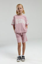 U.S. Polo Assn. Kız Çocuk Bisiklet Yaka Pigment Baskılı Yazlık Regular Fit Pembe Bermuda Takım US2091-C-V5