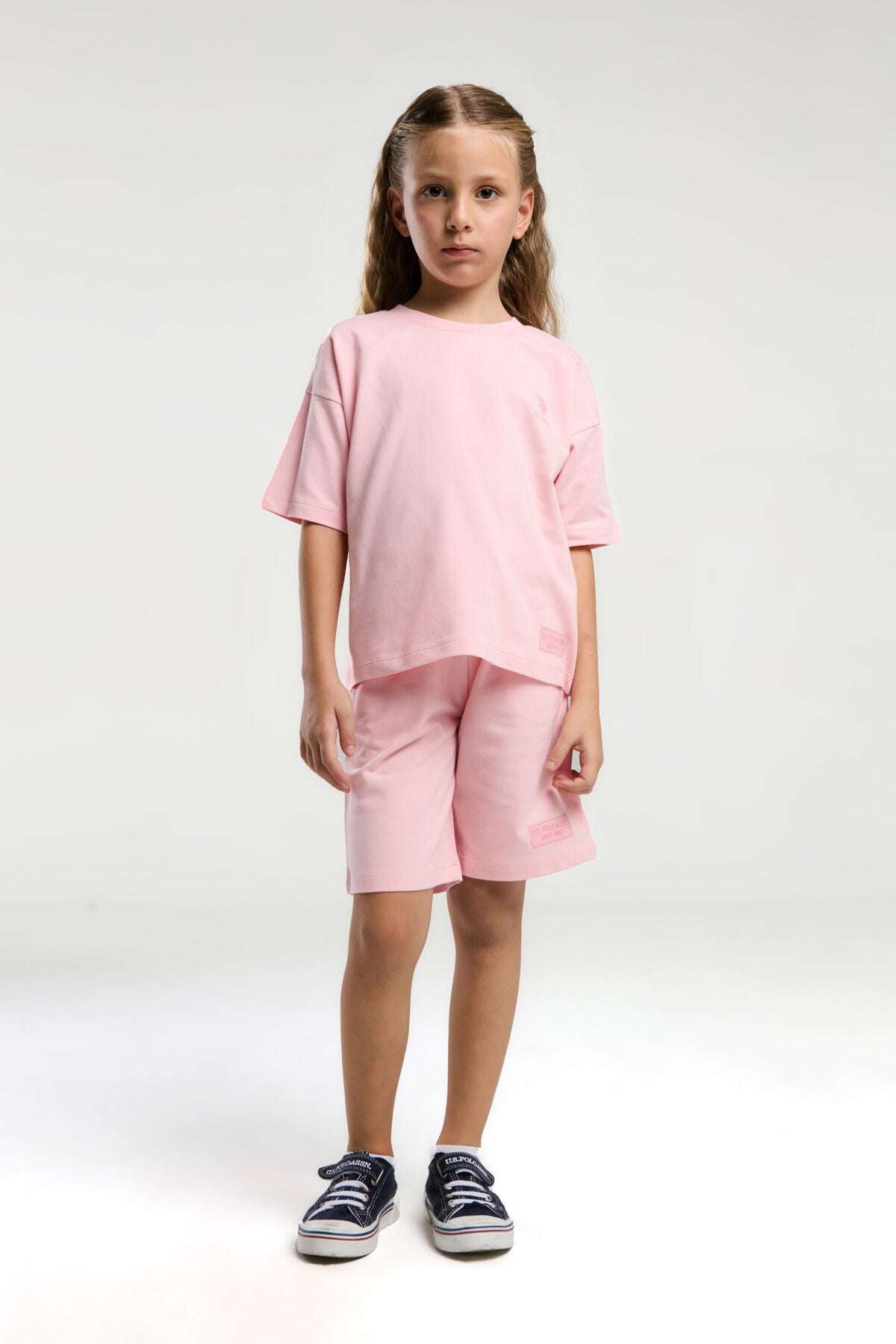 U.S. Polo Assn. Kız Çocuk Bisiklet Yaka Sargı Nakışlı Yazlık Regular Fit Pembe Bermuda Takım US2090-C-V3