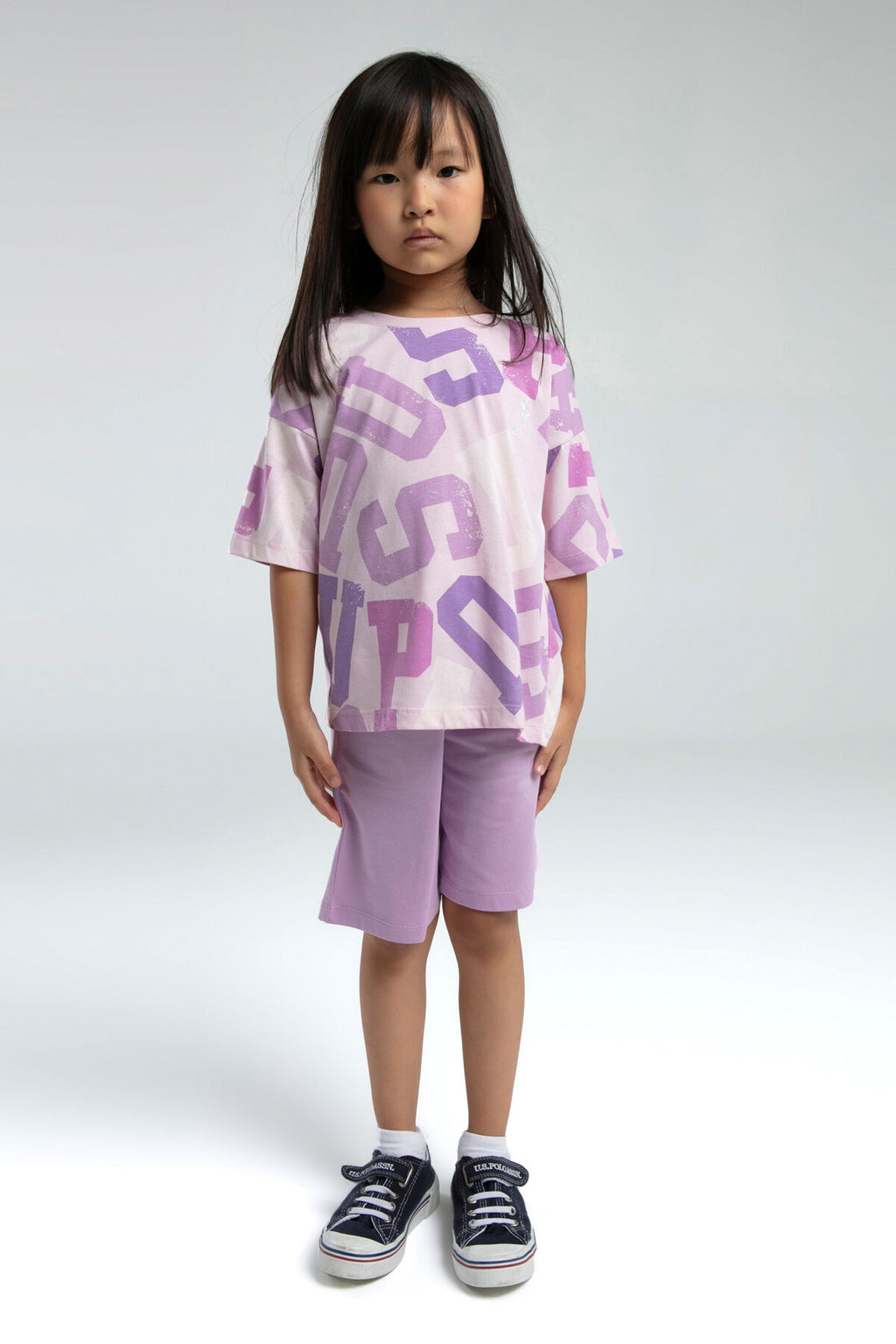 U.S. Polo Assn. Kız Çocuk Bisiklet Yaka Pigment Baskılı Yazlık Regular Fit Pembe Bermuda Takım US2085-C-V2