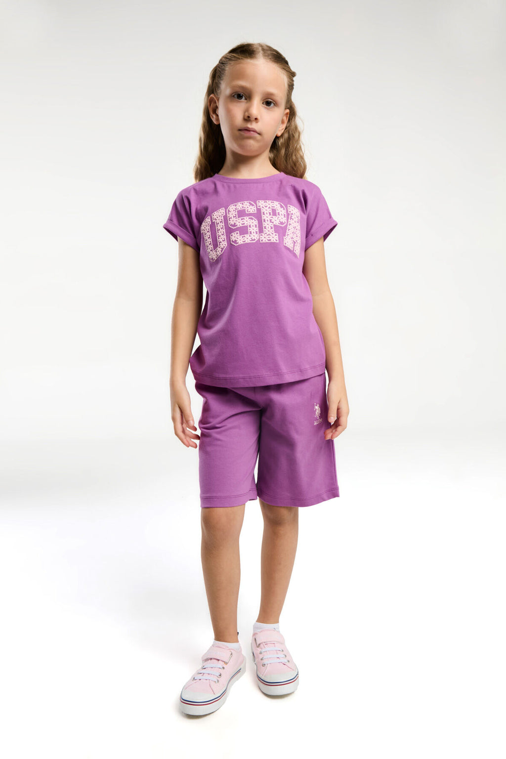 U.S. Polo Assn. Kız Çocuk Bisiklet Yaka Pigment Baskılı Yazlık Regular Fit Mor Bermuda Takım US2086-C-V2