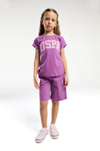 U.S. Polo Assn. Kız Çocuk Bisiklet Yaka Pigment Baskılı Yazlık Regular Fit Mor Bermuda Takım US2086-C-V2