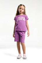 U.S. Polo Assn. Kız Çocuk Bisiklet Yaka Pigment Baskılı Yazlık Regular Fit Mor Bermuda Takım US2086-C-V2
