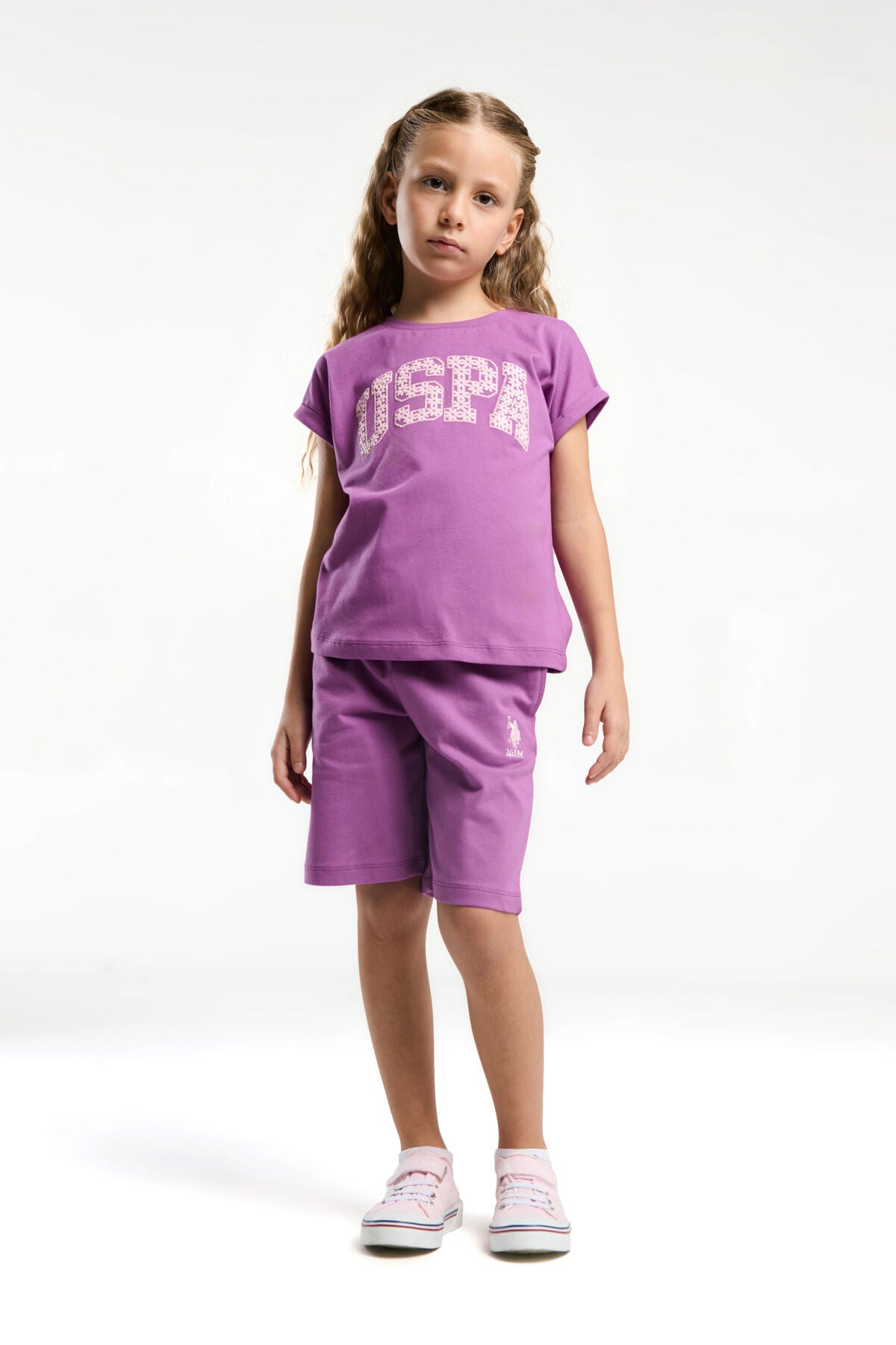 U.S. Polo Assn. Kız Çocuk Bisiklet Yaka Pigment Baskılı Yazlık Regular Fit Mor Bermuda Takım US2086-C-V2