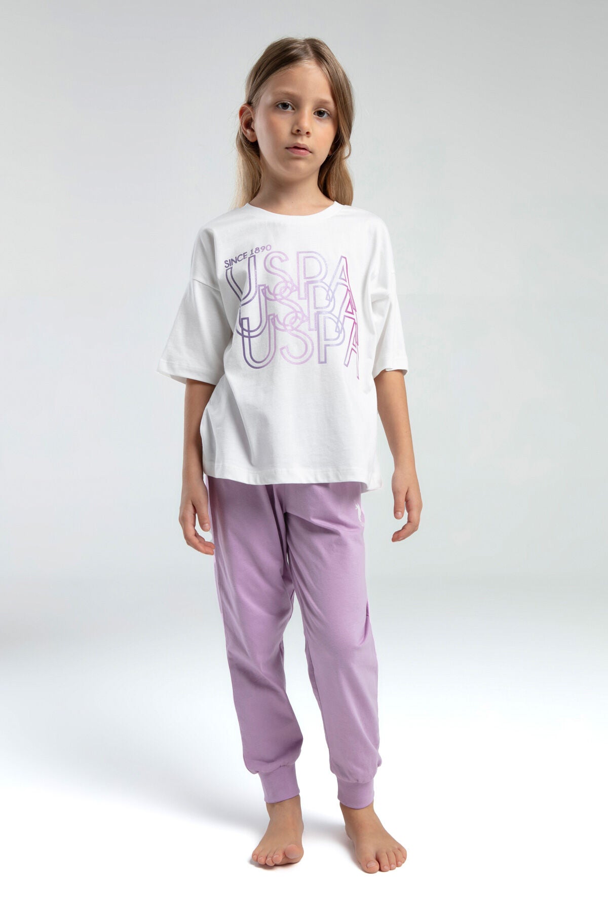 U.S. Polo Assn. Kız Çocuk Bisiklet Yaka Pigment Baskılı Yazlık Regular Fit Krem Pijama Takımı US2063-C-V1 Ürün ana görseli