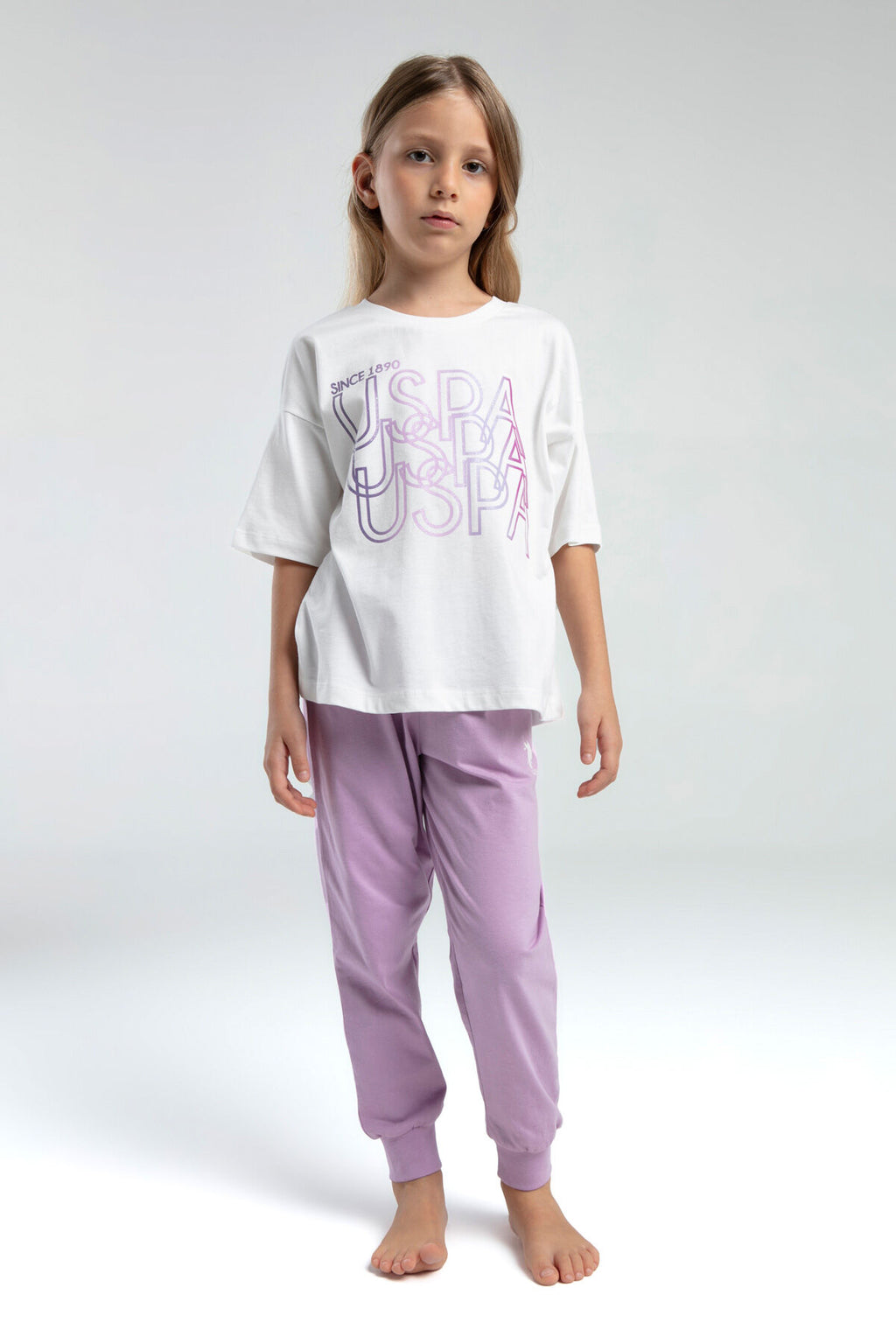U.S. Polo Assn. Kız Çocuk Bisiklet Yaka Pigment Baskılı Yazlık Regular Fit Krem Pijama Takımı US2063-C-V1