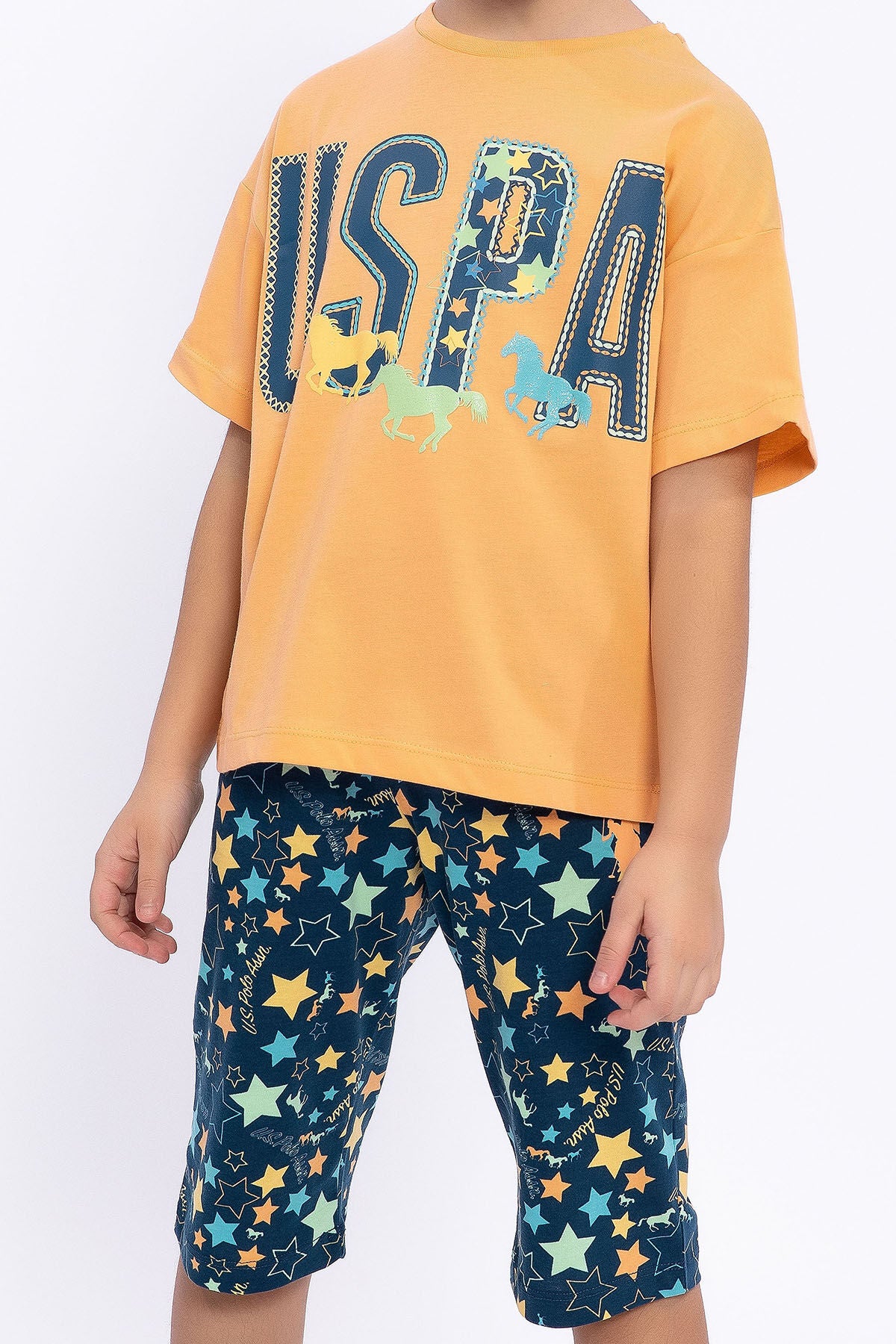 U.S. Polo Assn. Kız Çocuk Bisiklet Yaka Pigment Baskılı Yazlık Regular Fit Turuncu Kapri Takım US1048-C-V2