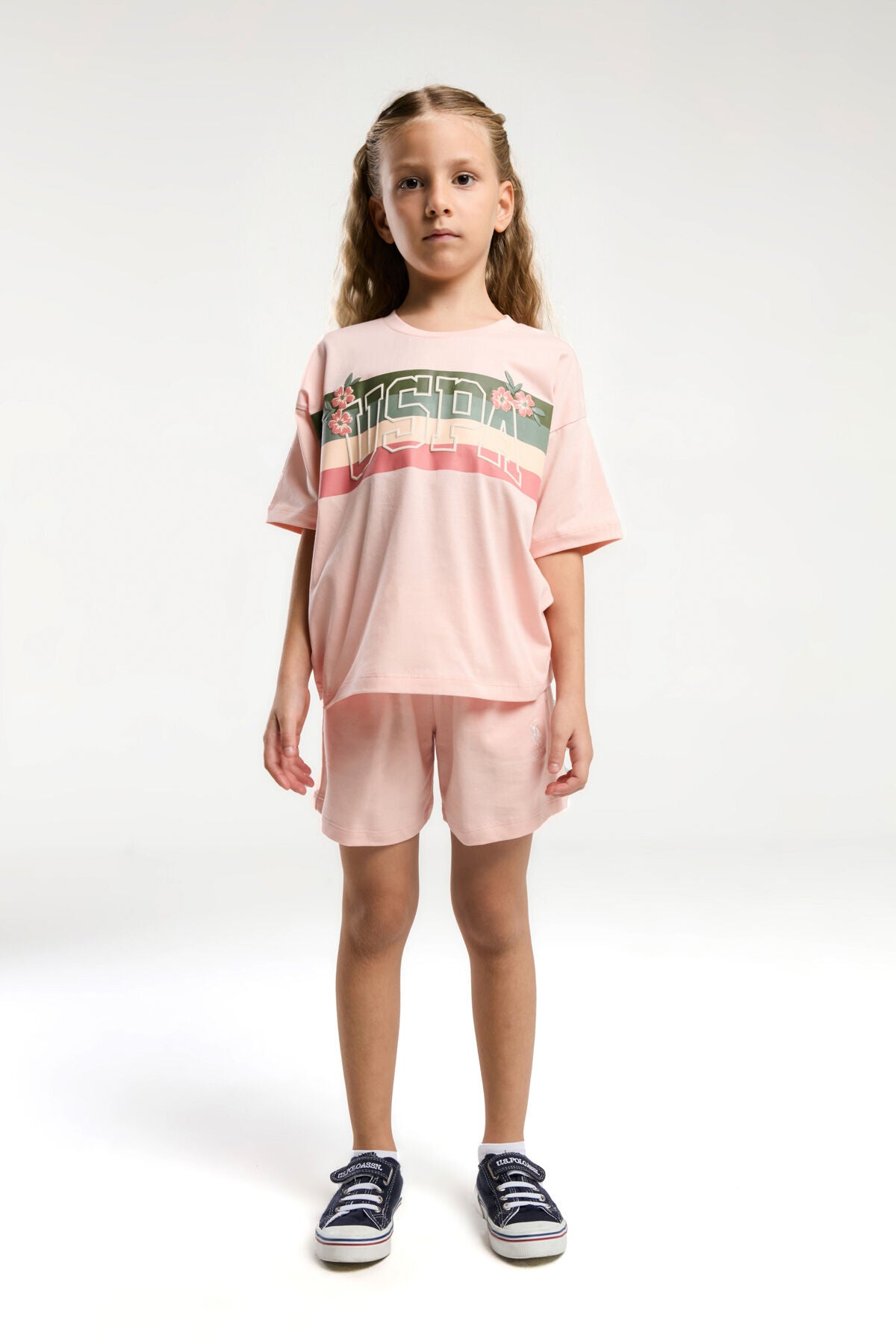 U.S. Polo Assn. Kız Çocuk Bisiklet Yaka Pigment Baskılı Yazlık Regular Fit Pembe Şort Takım US2071-C-V1