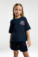 U.S. Polo Assn. Kız Çocuk Bisiklet Yaka Pigment Baskılı Yazlık Regular Fit Lacivert Şort Takım US2072-C-V1