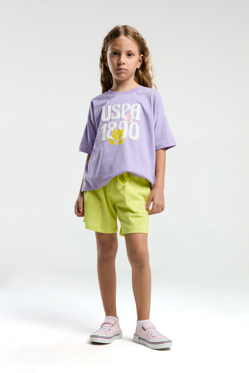 U.S. Polo Assn. Kız Çocuk Bisiklet Yaka Pigment Baskılı Yazlık Regular Fit Mor Şort Takım US2096-C-V2