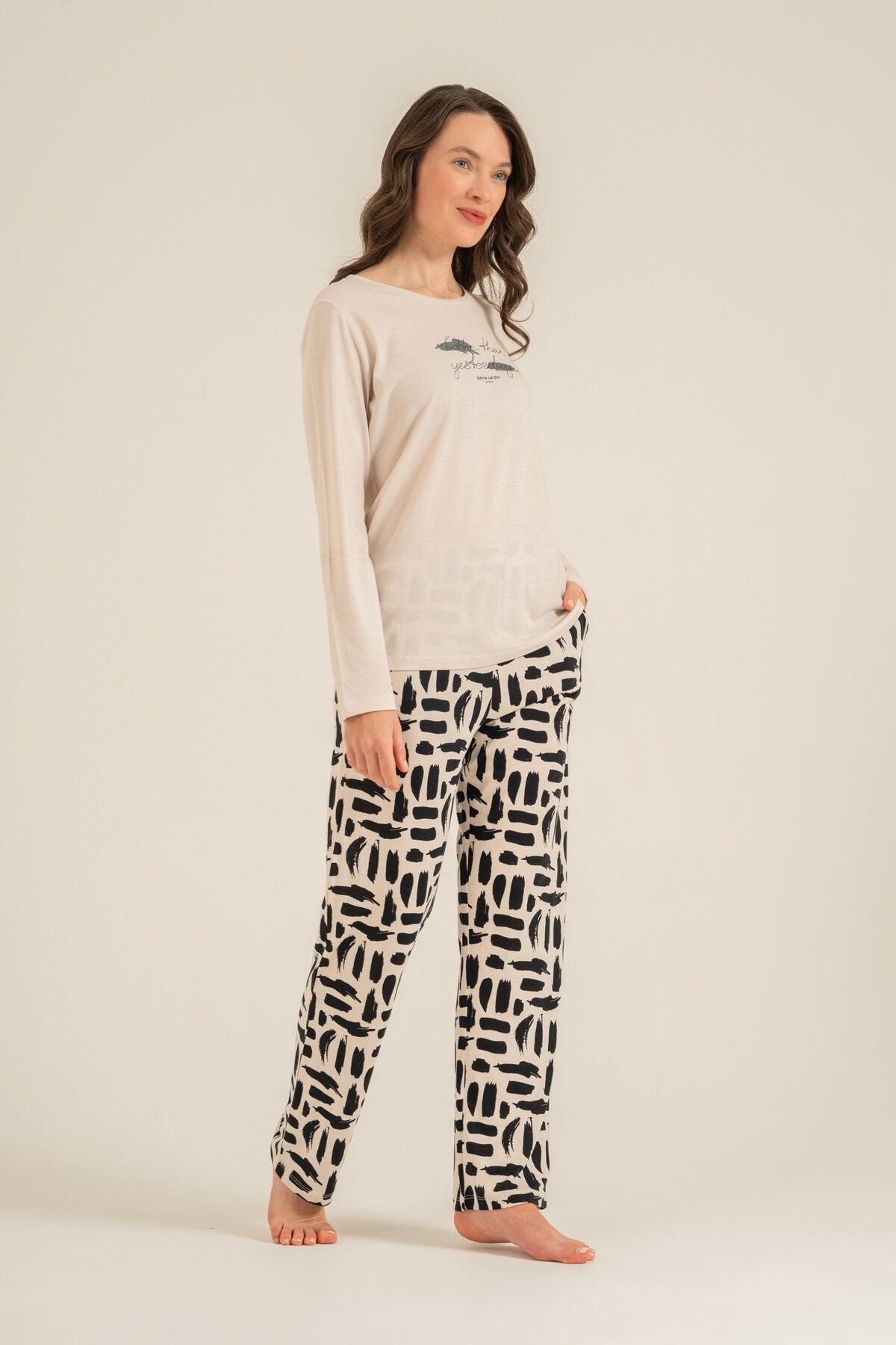 Pierre Cardin Kadın Better Than Yesterday Krem Uzun Kol Pijama Takım PC9299-S-V1