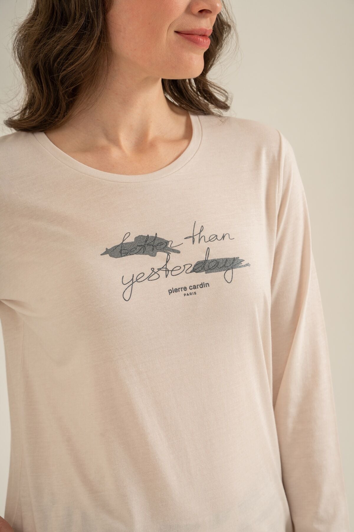 Pierre Cardin Kadın Better Than Yesterday Krem Uzun Kol Pijama Takım PC9299-S-V1