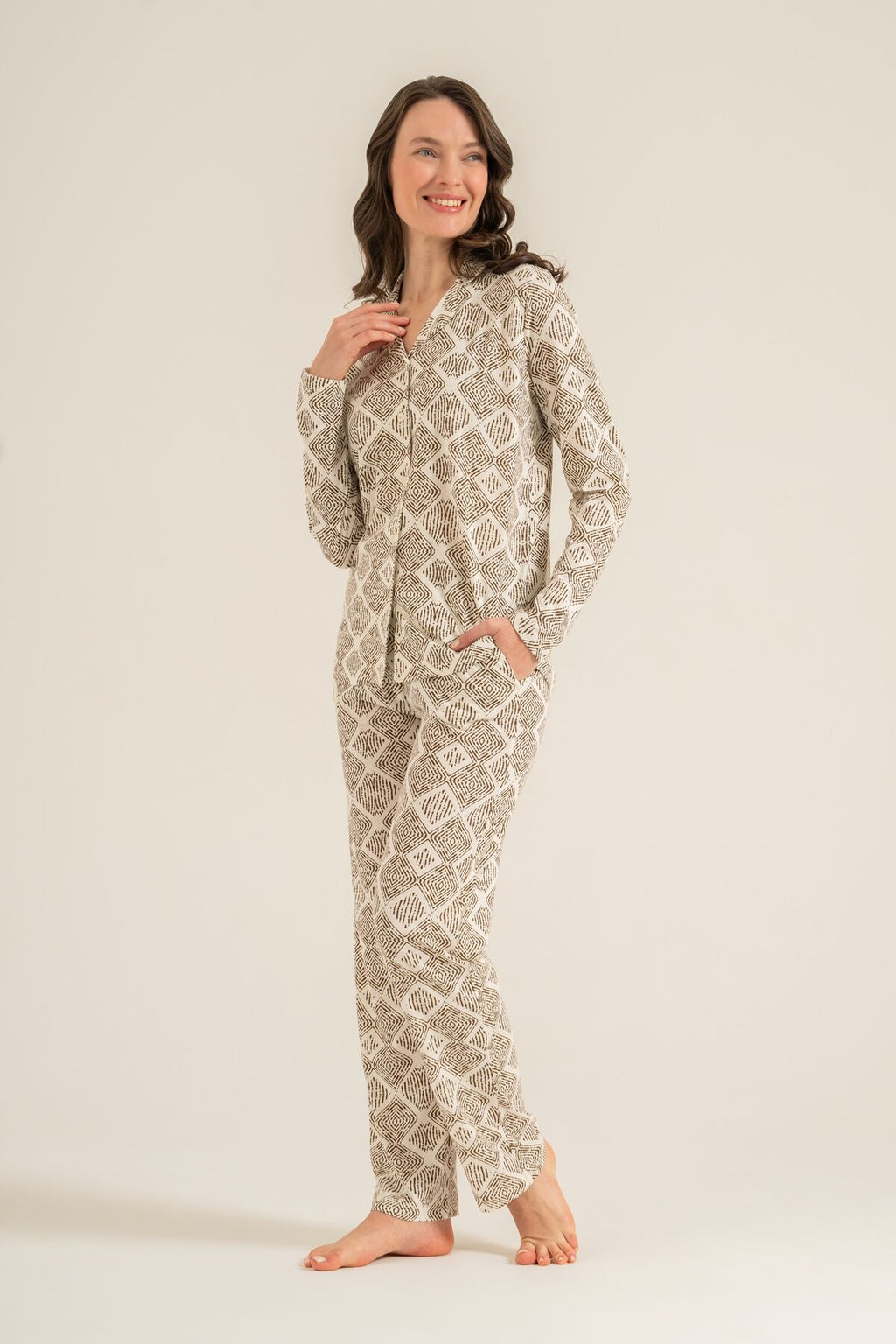 Pierre Cardin Kadın Desenli Krem Gömlek Pijama Takımı PC9276-S-V1