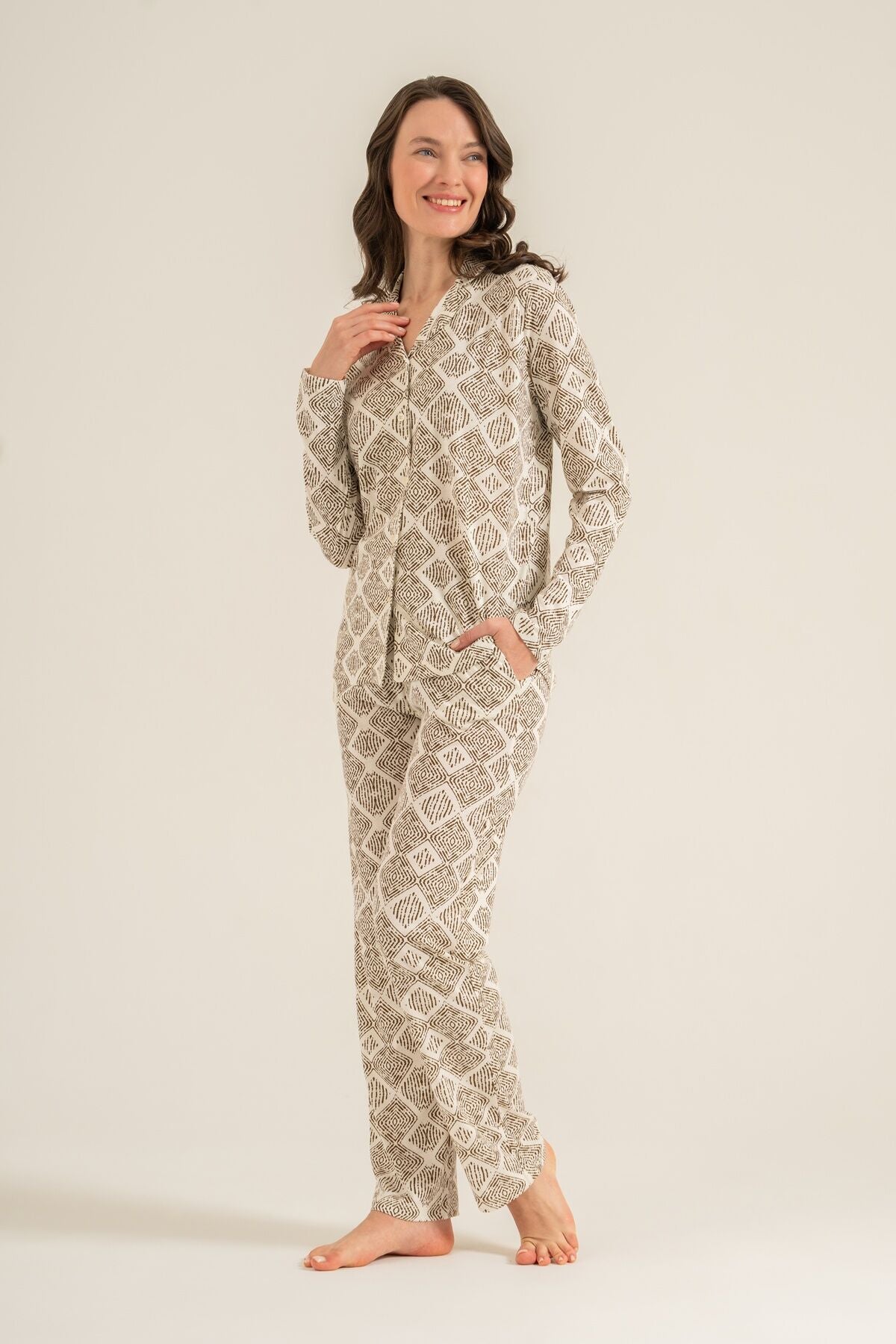 Pierre Cardin Kadın Desenli Krem Gömlek Pijama Takımı PC9276-S-V1