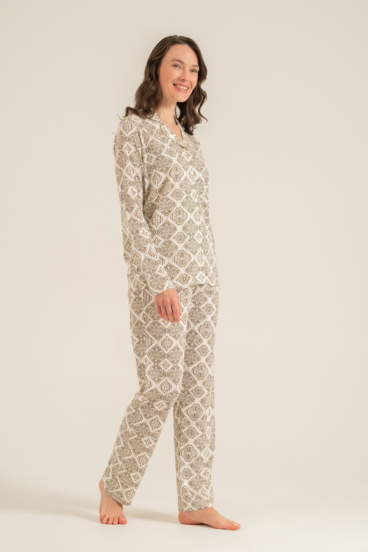 Pierre Cardin Kadın Desenli Krem Gömlek Pijama Takımı PC9276-S-V1