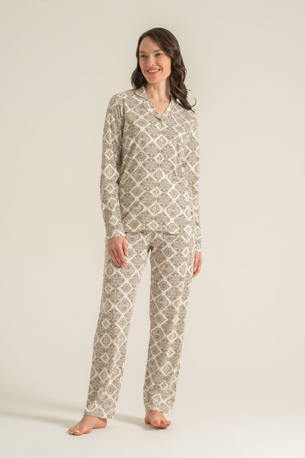 Pierre Cardin Kadın Desenli Krem Gömlek Pijama Takımı PC9276-S-V1