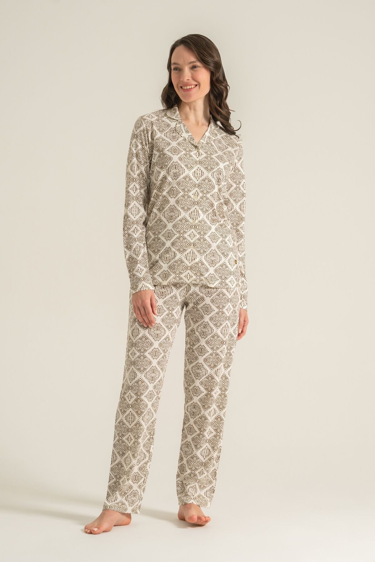 Pierre Cardin Kadın Desenli Krem Gömlek Pijama Takımı PC9276-S-V1
