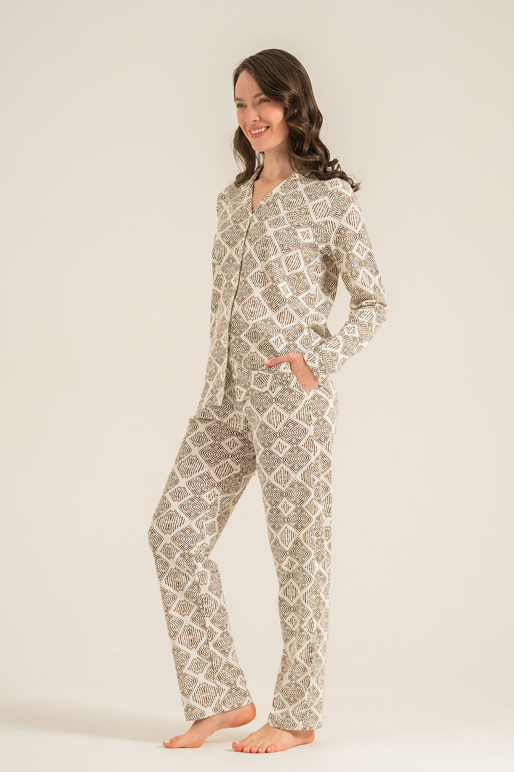 Pierre Cardin Kadın Desenli Krem Gömlek Pijama Takımı PC9276-S-V1