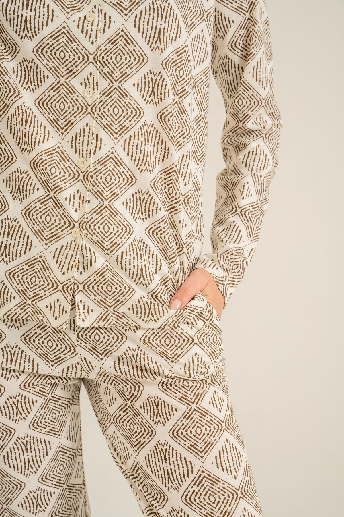 Pierre Cardin Kadın Desenli Krem Gömlek Pijama Takımı PC9276-S-V1